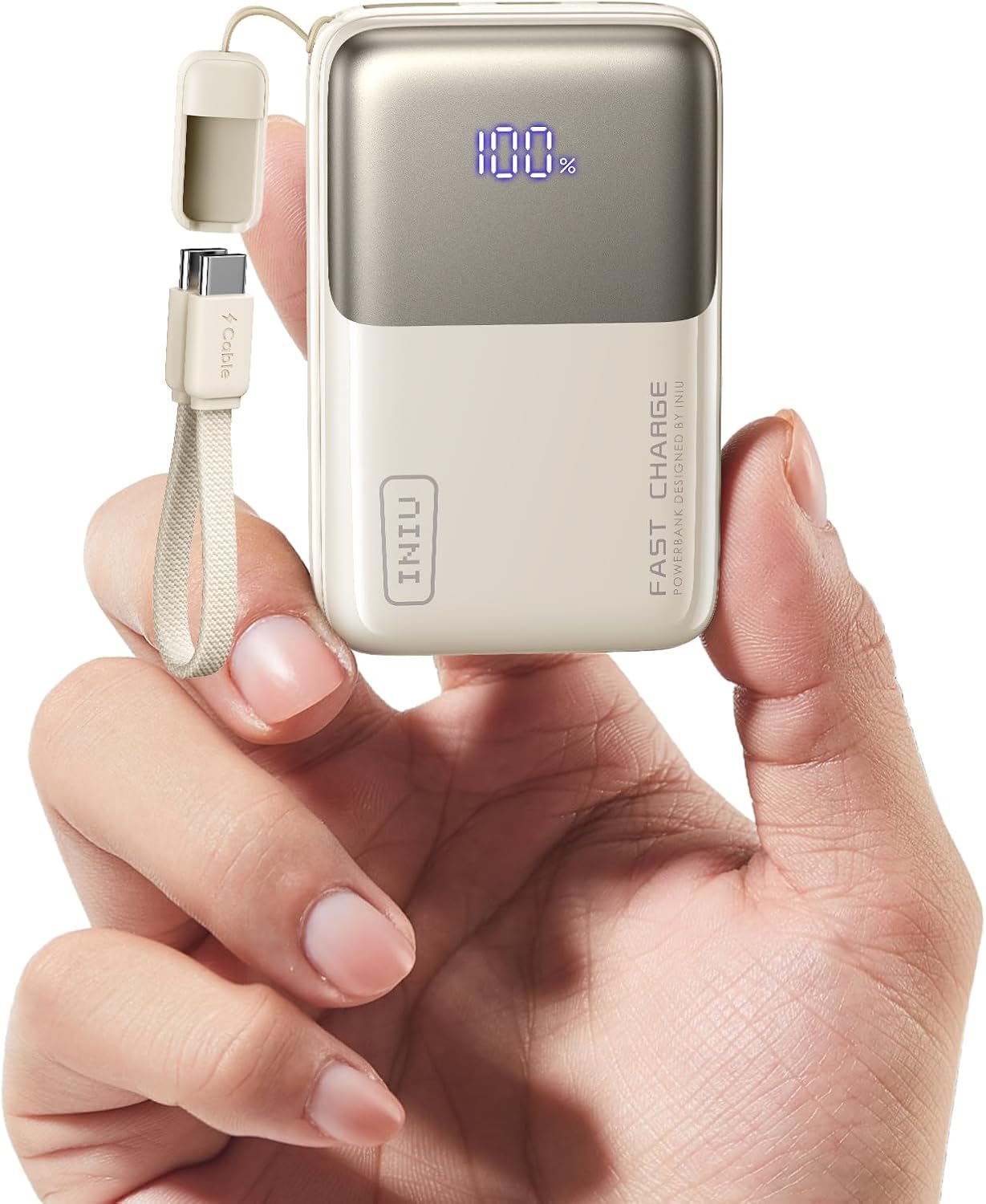 Detalle de INIU powerbank 10 000 mAh med 45 W snabbladdning och löstagbar USB-C-kabel