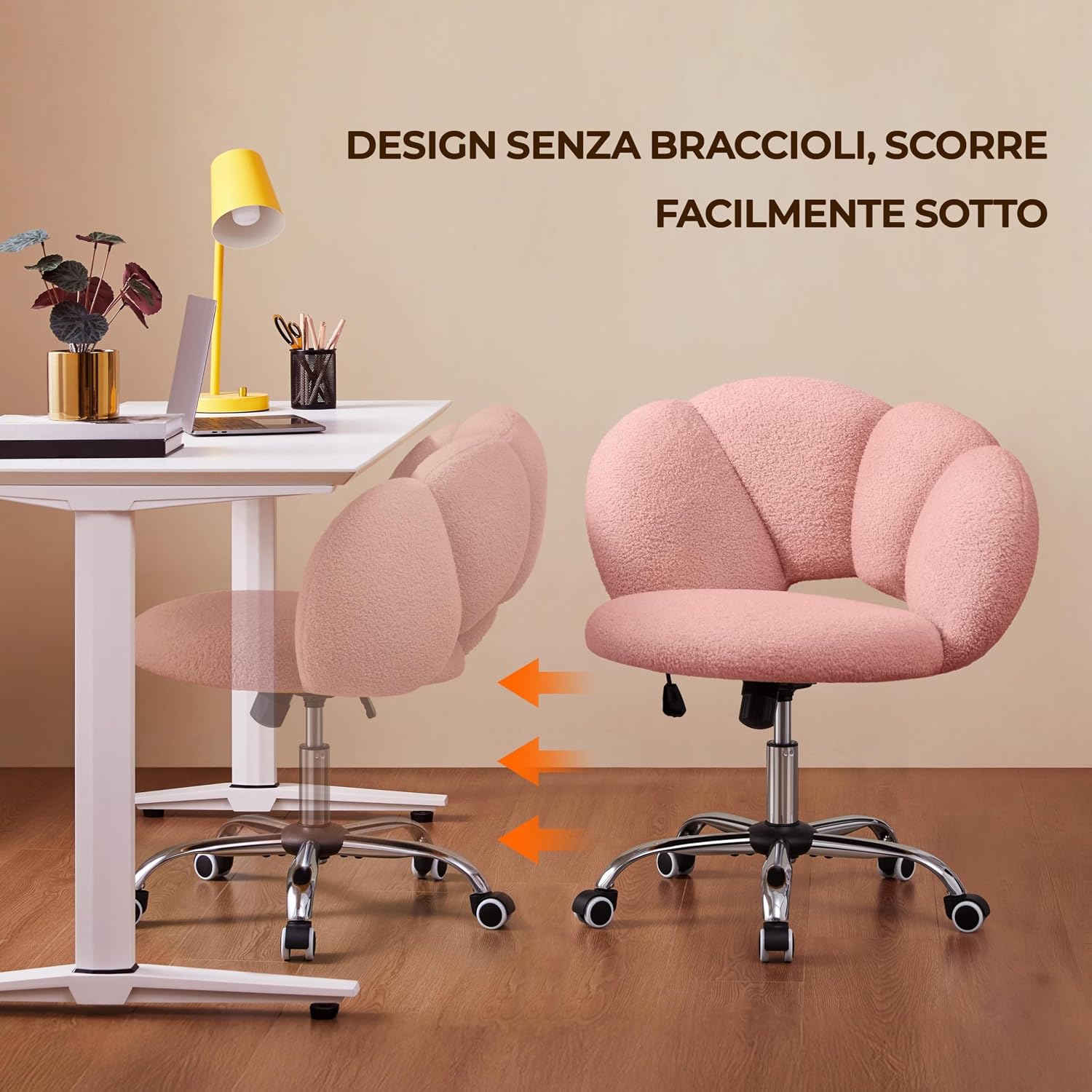 Thumbnail 6 de Yaheetech sedia da ufficio con schienale “nuvola” in bouclé e ruote girevoli, altezza regolabile, rosa