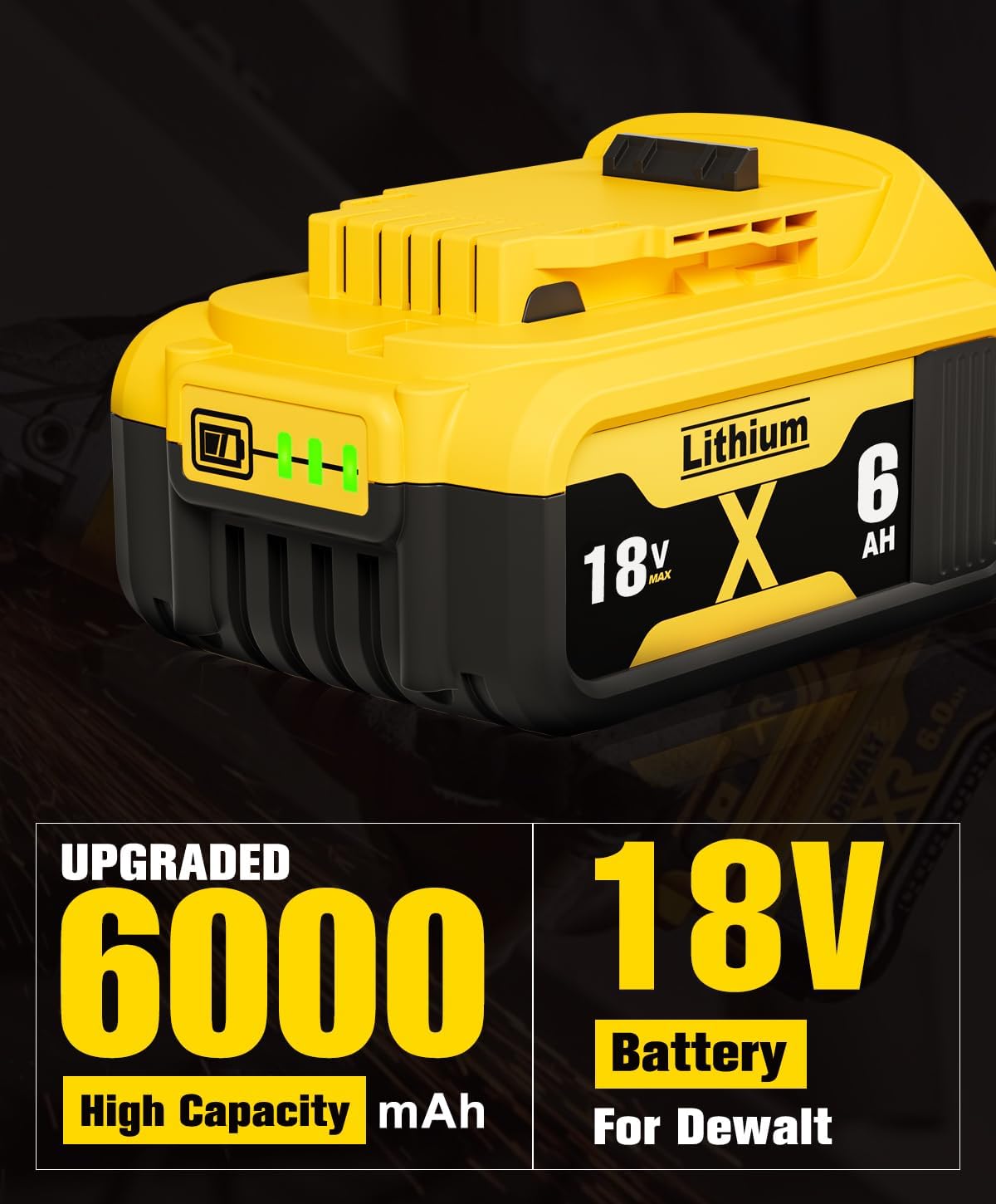 Detalle 2 de 2 x 18V 6.0Ah Batteries DCB182 Replacement for Dewalt 18V - Long-Lasting Power with LED Indicator