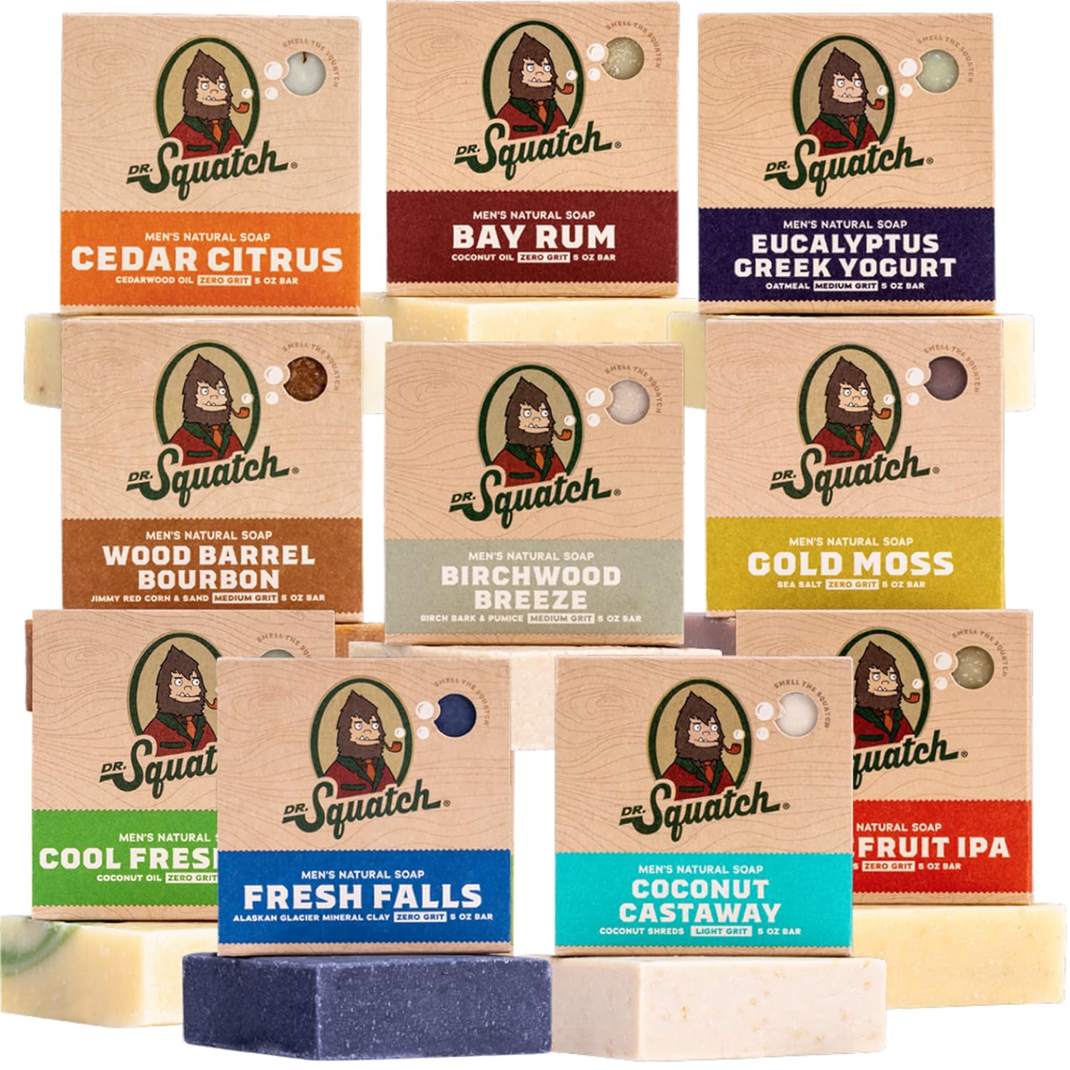 Dr. Squatch Natural Men’s Bar Soap 10-Pack (Cold Process) — Wood Barrel Bourbon, Birchwood Breeze, Bay Rum & more