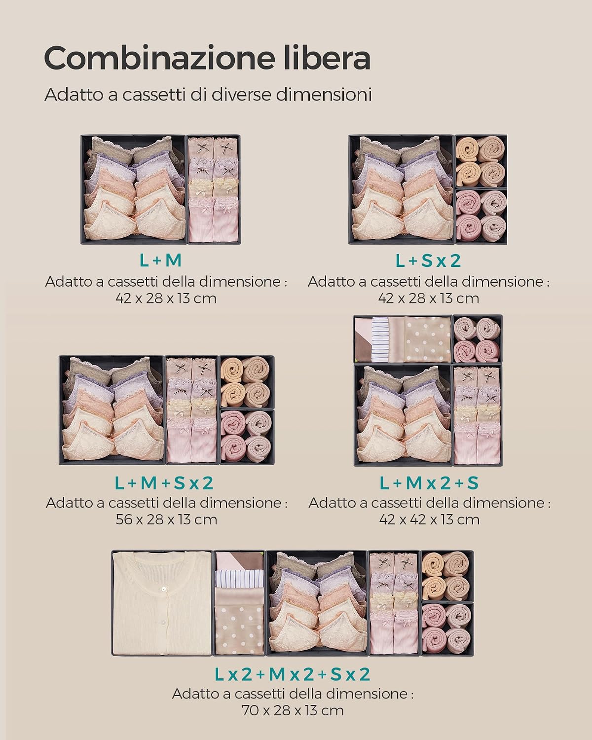 Detalle de SONGMICS RDZ06G set di 6 divisori per cassetti in TNT pieghevoli