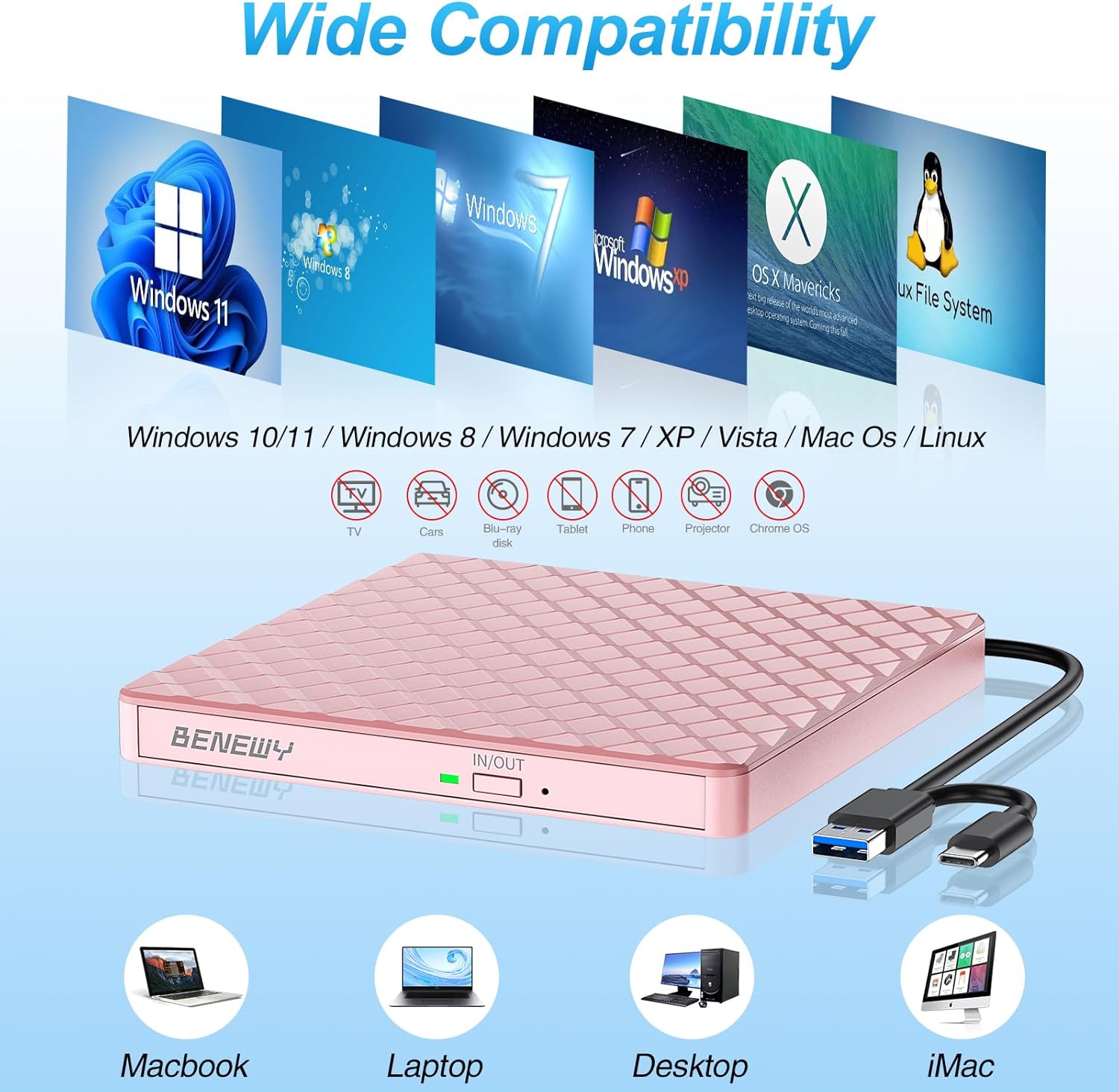 Detalle de External CD/DVD Drive for Laptop: USB 3.0 Type-C Slim DVD Burner and Reader (Pink)
