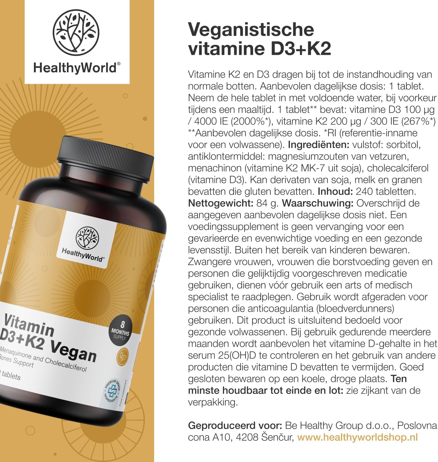 Thumbnail 6 de HealthyWorld Vitamine D3+K2, 240 vegan tabletten met D3 en K2