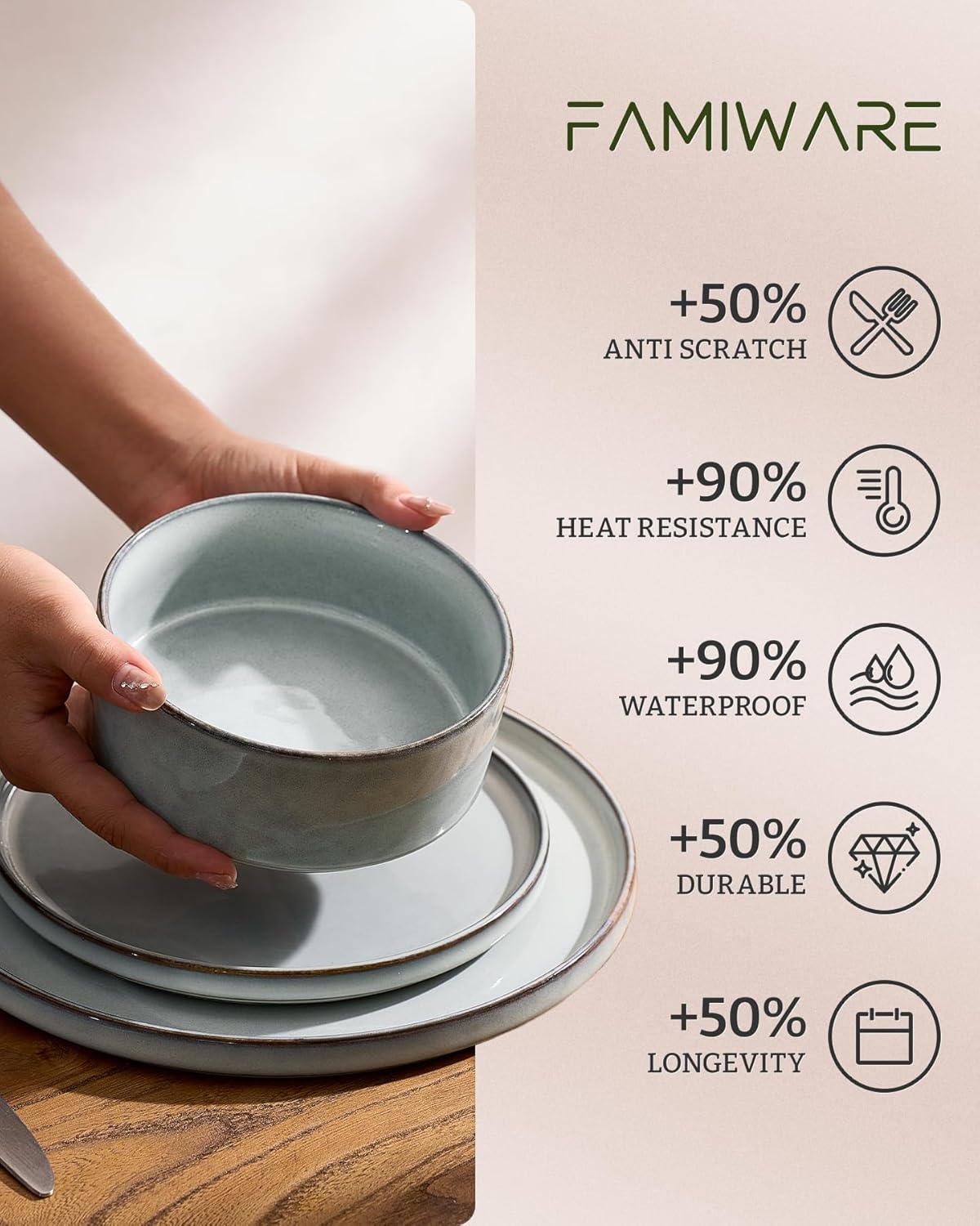 Thumbnail 4 de Famiware Annecy 12-Piece Stoneware Dinnerware Set (Grey-Blue) for 4
