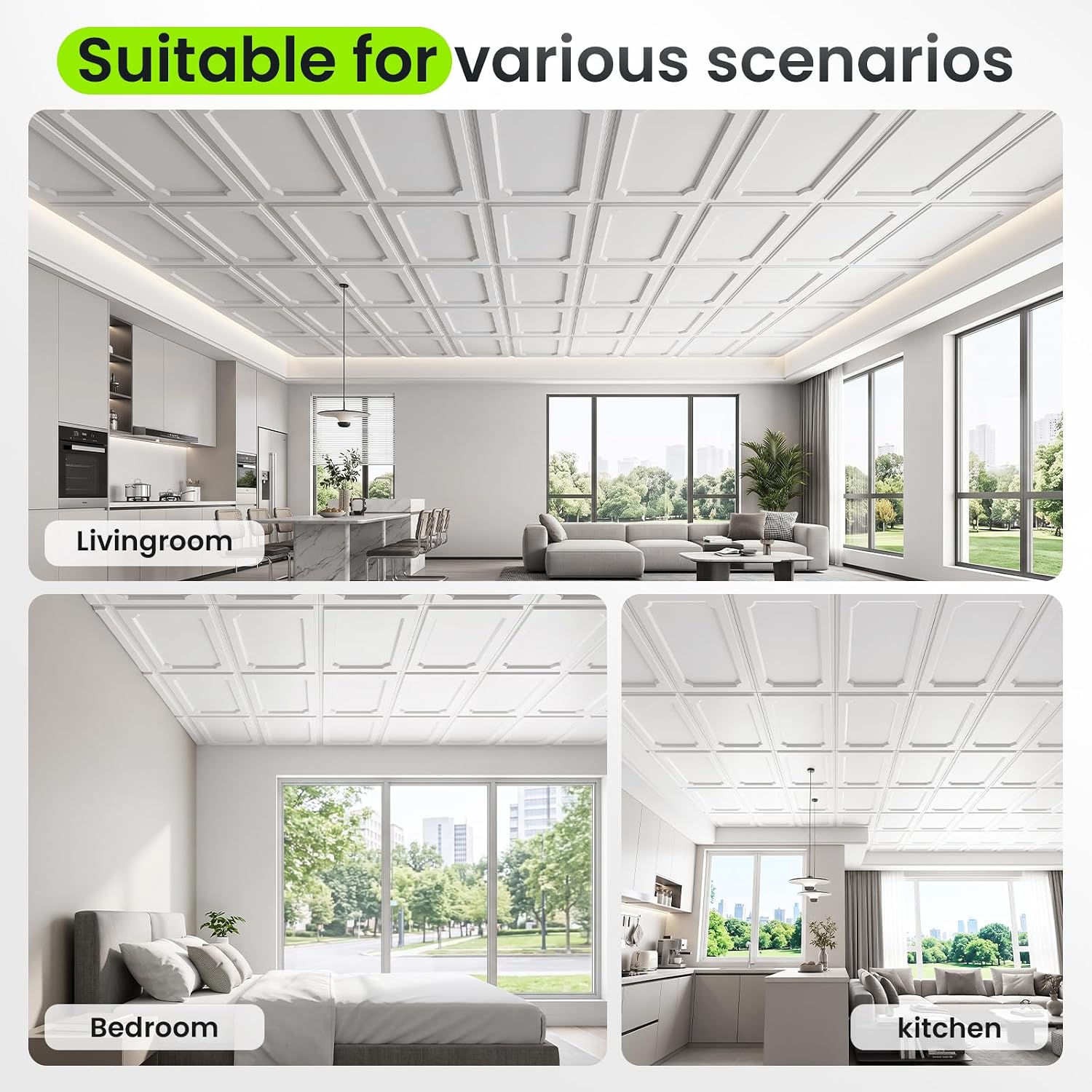 Detalle 2 de LooYee 2 x 4 ft PVC Drop Ceiling Tiles, White, Waterproof, 24-Pack