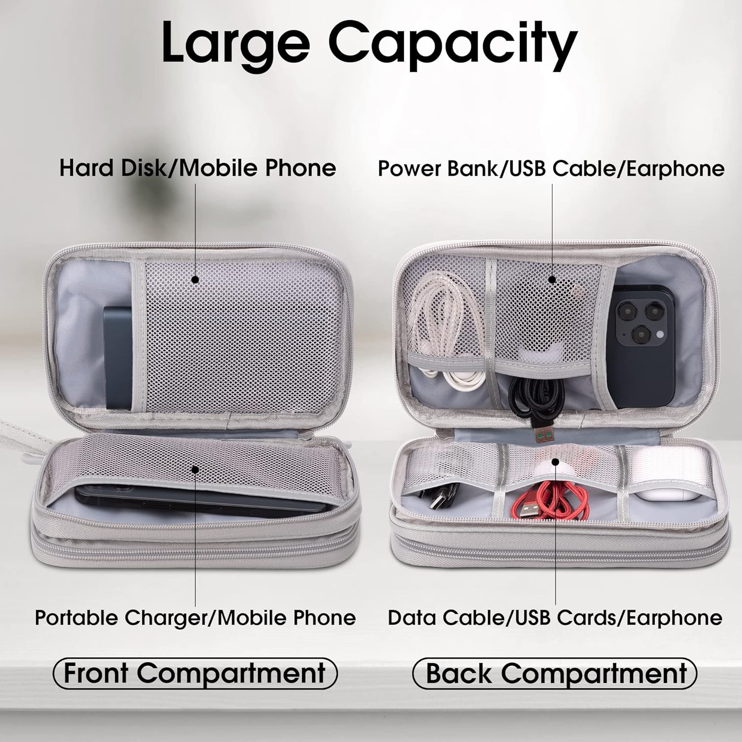 Detalle de Arae Elektronik Zubehör Organizer – Doppelschicht Kabeltasche, Grau
