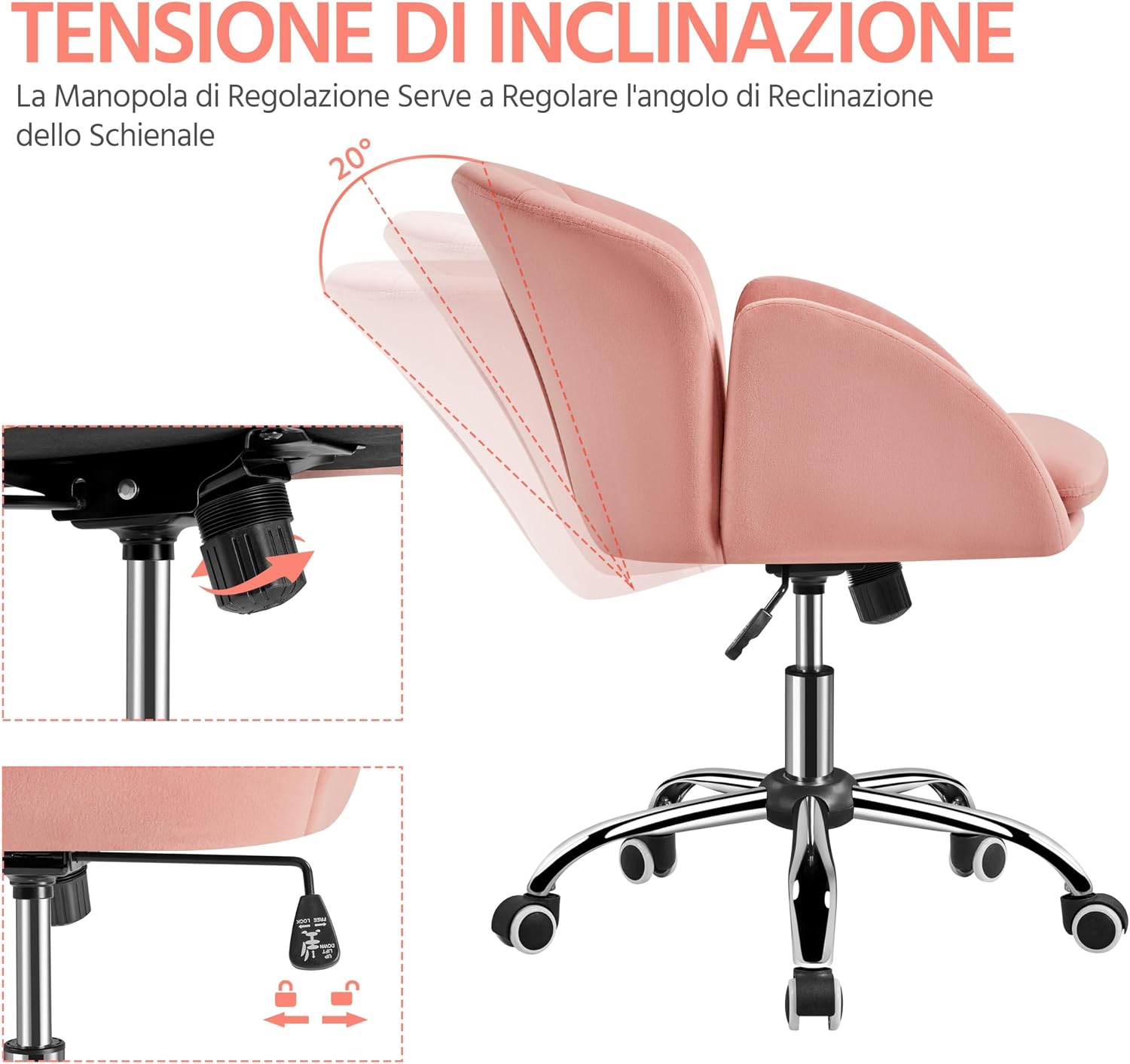 Thumbnail 3 de Yaheetech sedia ufficio poltroncina in velluto imbottita reclinabile rosa chiaro, altezza regolabile con ruote