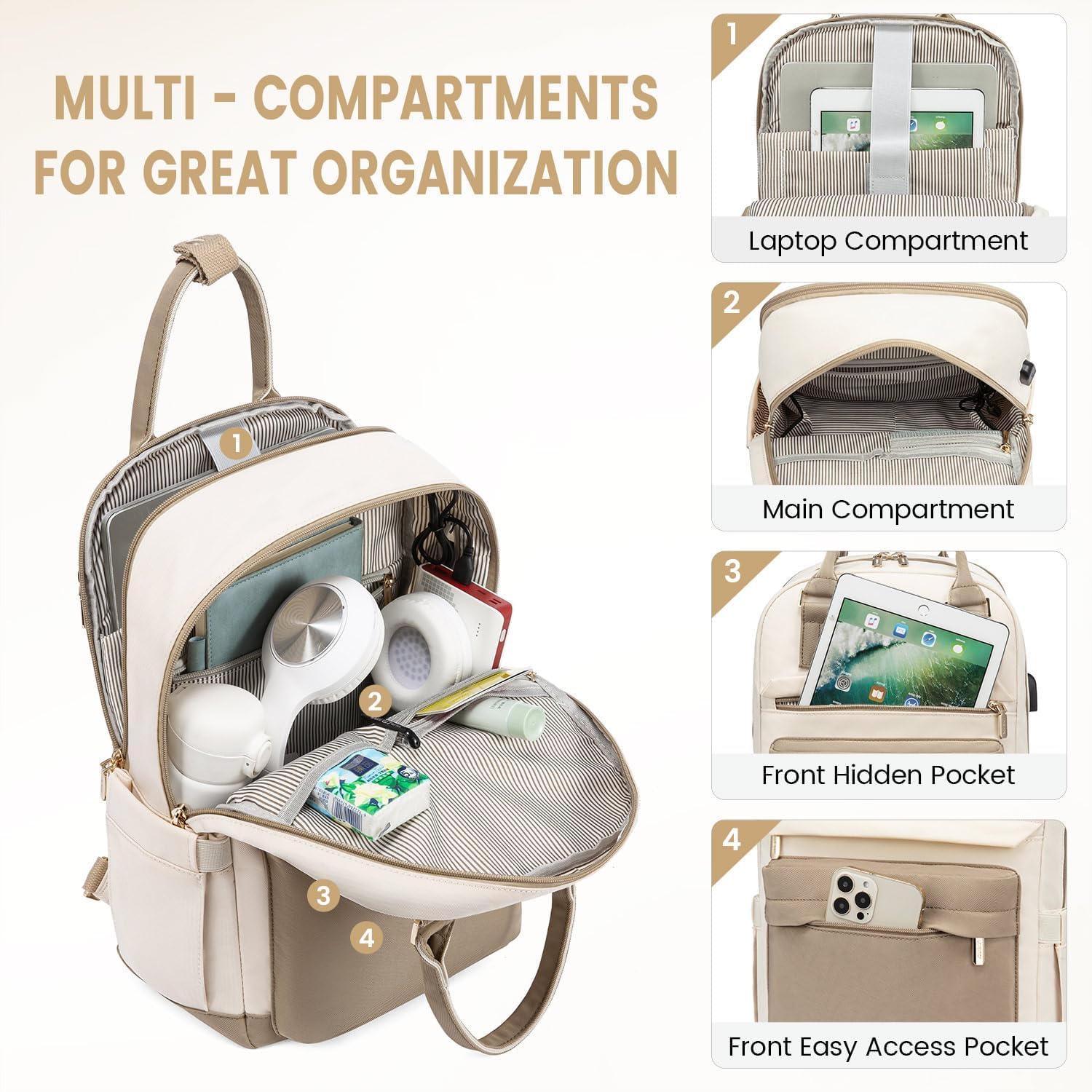 Detalle de LOVEVOOK Laptop Backpack Womens, 14 Inch Waterproof Backpack in Khaki Beige