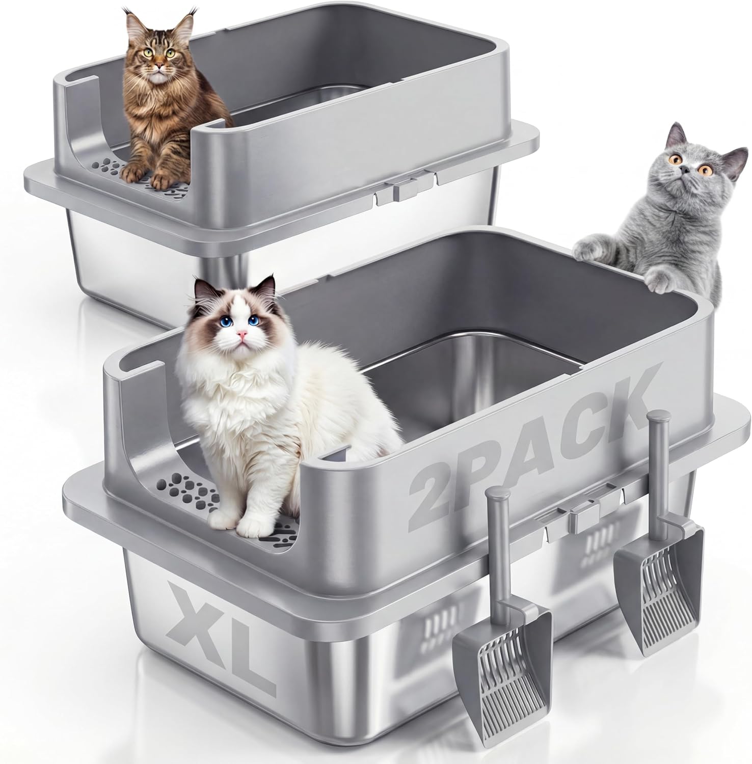 Detalle de Jotesnew XXF-ST Stainless Steel Cat Litter Boxes, 2-Pack, XL with High Sides