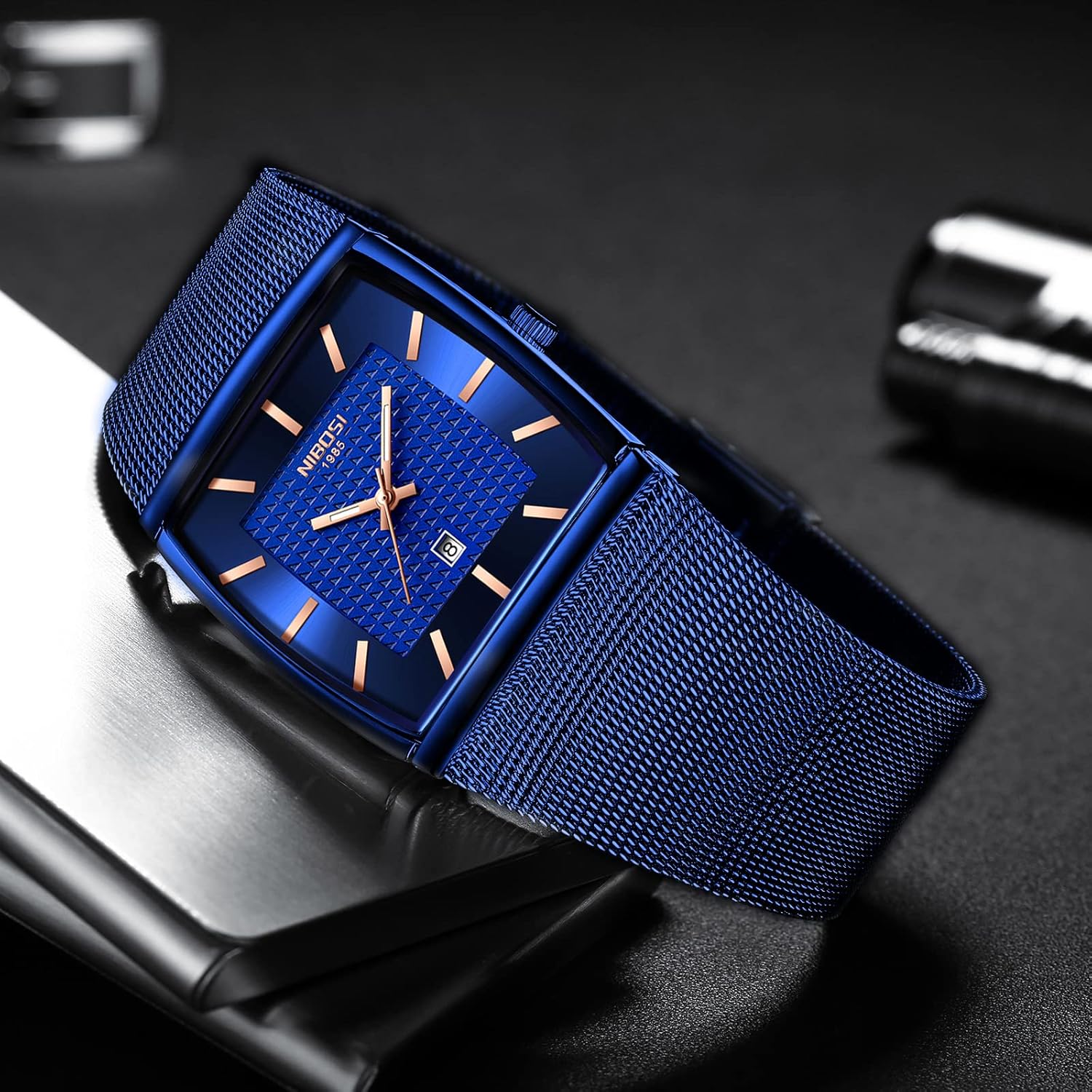 Thumbnail 4 de NIBOSI Herrenarmbanduhr mit quadratischem Zifferblatt, Quarzwerk, Edelstahl-Mesh und Datumsanzeige (3ATM)