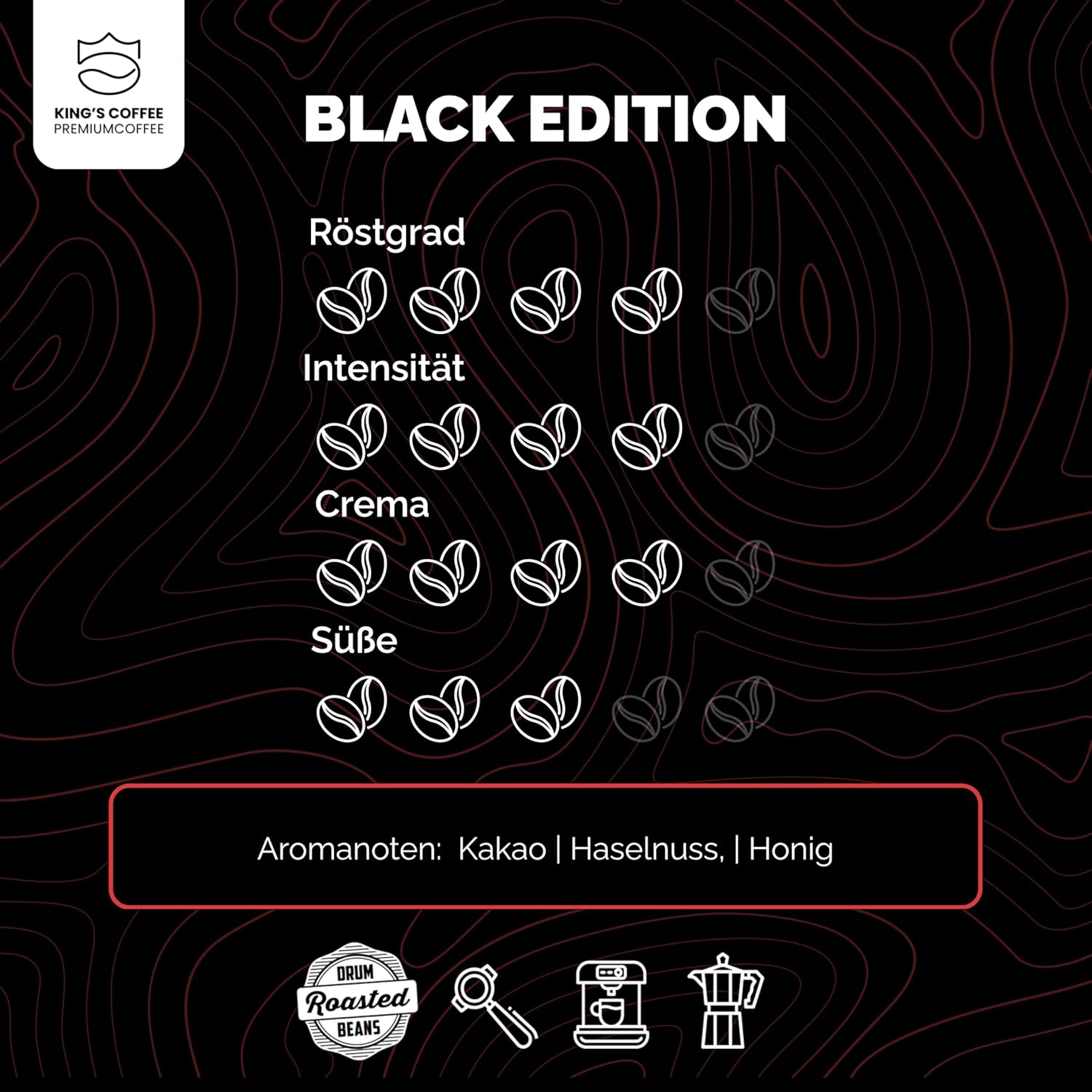 Detalle de KING'S COFFEE BLACK EDITION – 1 kg Ganze Kaffeebohnen, kräftiger Arabica Espresso Blend