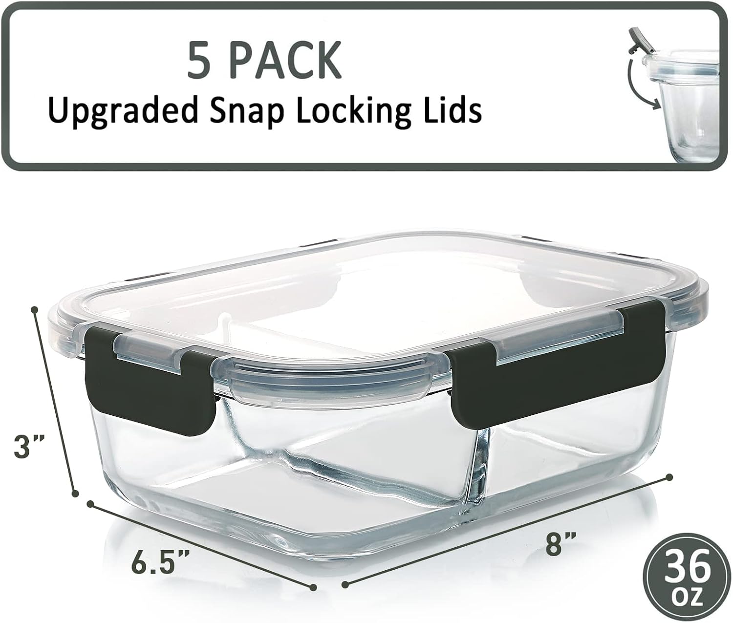 Detalle 2 de MCIRCO 5-Pack Glass Meal Prep Containers, 2-Compartment (36 oz total) with Upgraded Snap Lock Lids