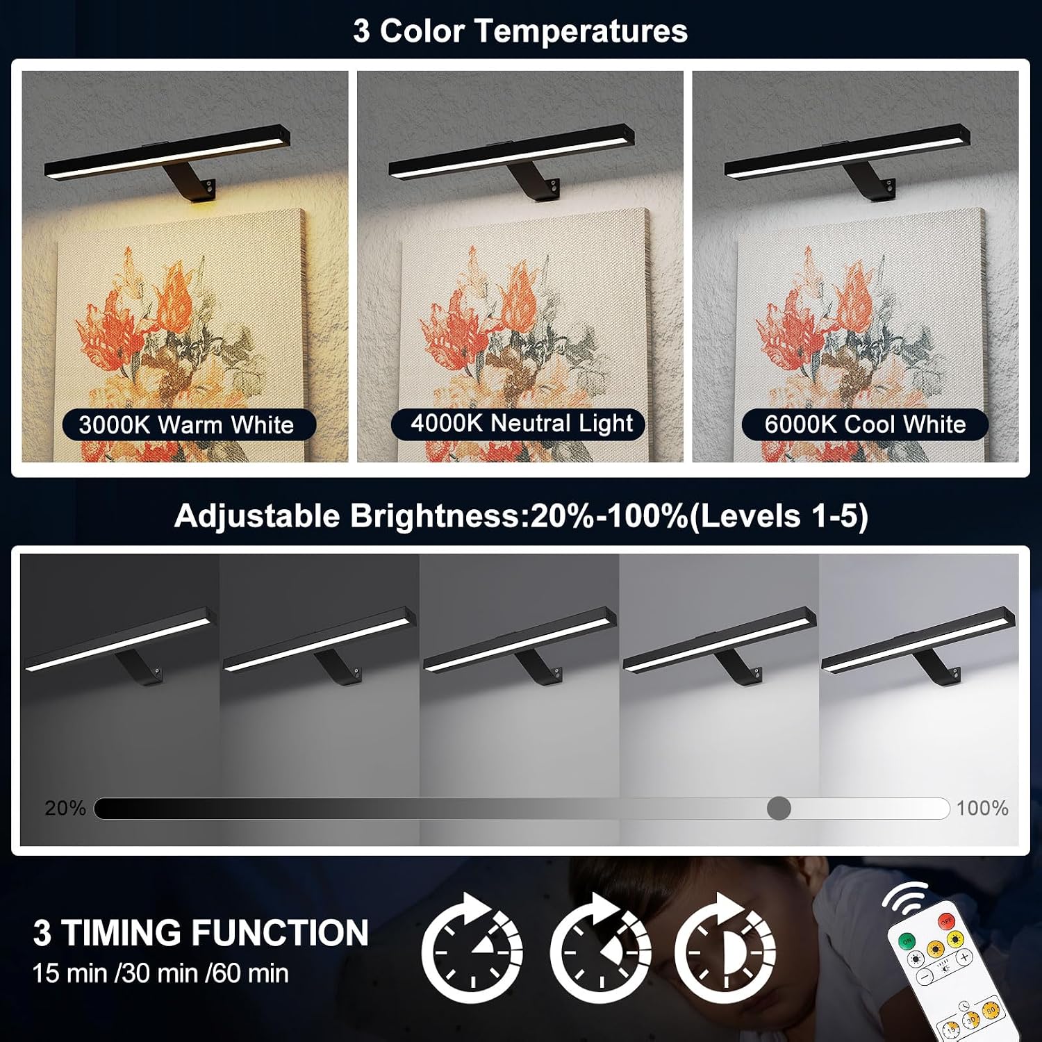 Detalle de HARPER LIVING 1417B Rechargeable Picture Light, Black, Dimmable LED
