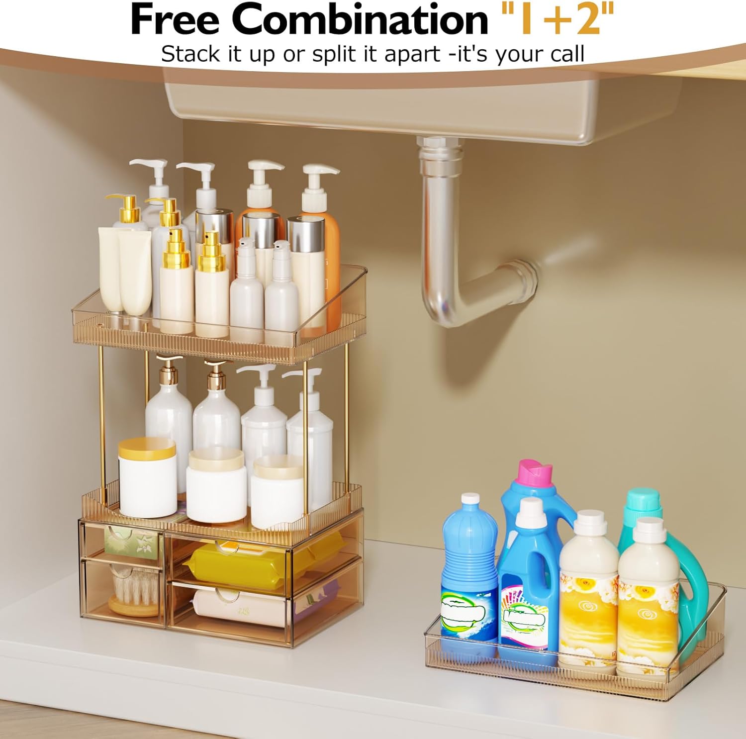Detalle de StowBin Makeup Organiser with 2 Shelves & 4 Drawers (Transparent Tawny)