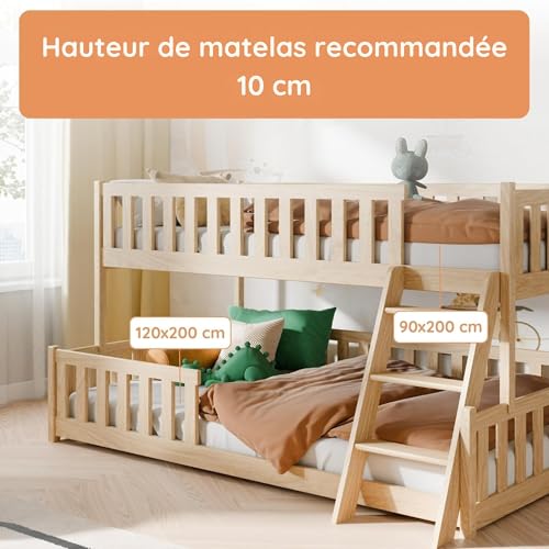 Detalle de Kids Collective Lit superposé 90x200 / 120x200 pour enfant et ado avec échelle, barrières et sommiers à lattes – Finition Naturelle