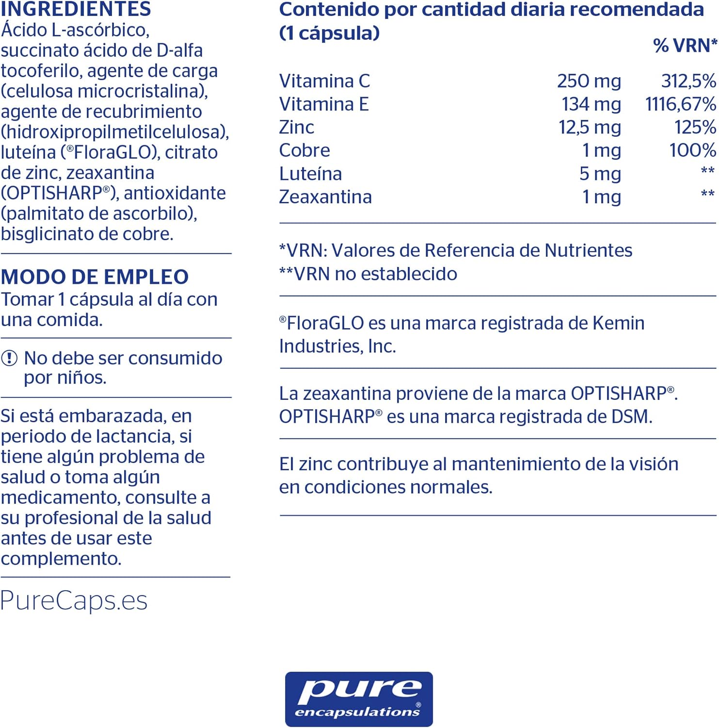 Detalle 2 de PURE ENCAPSULATIONS Vision | Salud Ocular 🦅 60 Cápsulas Vegetales