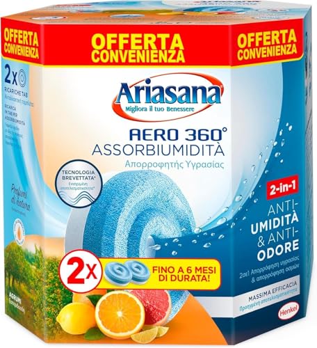 Detalle de Ariasana Aero 360 - Tab Agrumi Bipack (2x450g) e ricarica antiumidità: aria fresca e controllo muffe