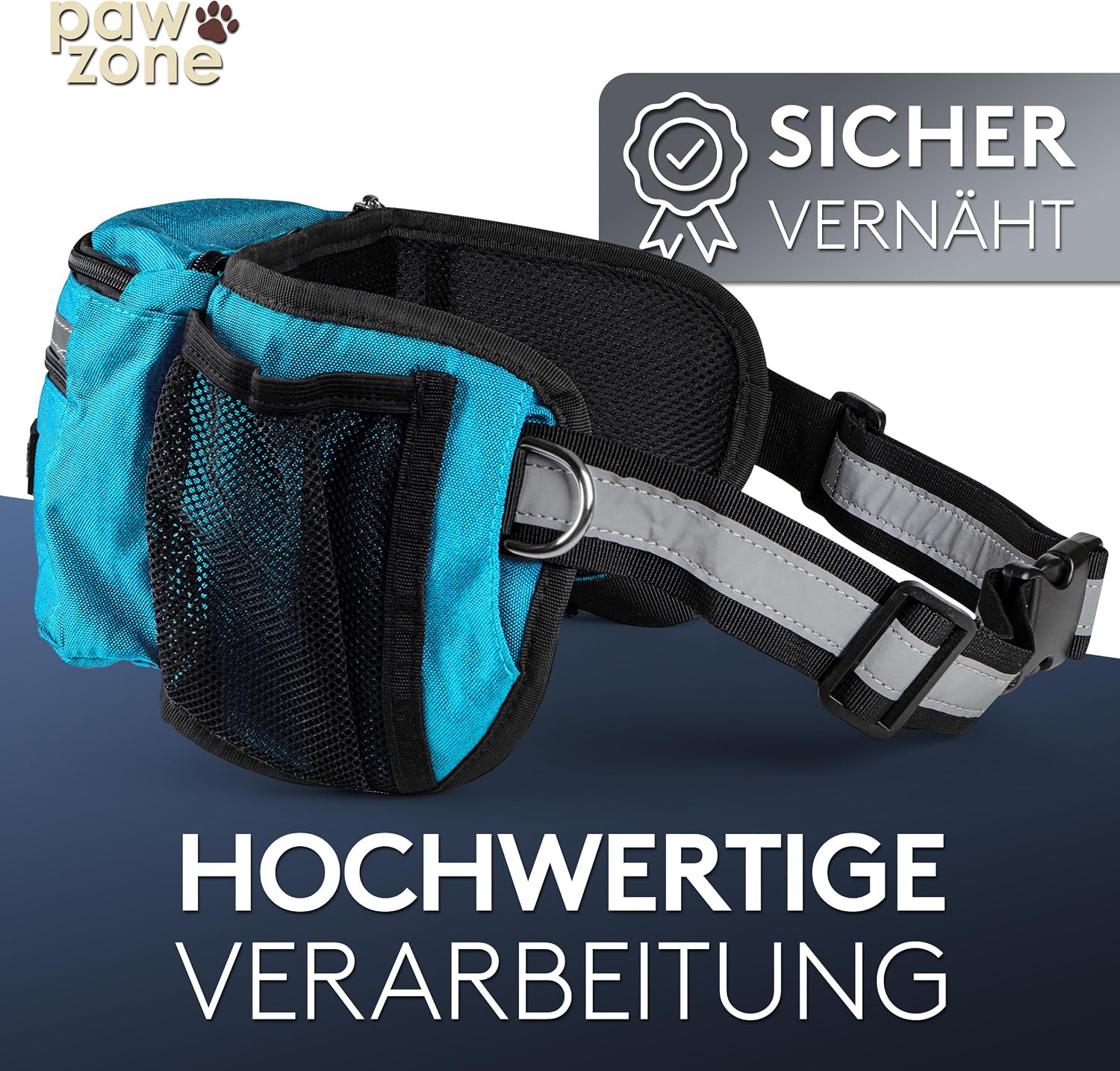Detalle 2 de PAWZONE Leckerlibeutel für Hunde mit Hüftgurt, Reflektorband und Zusatzgurt (Azurblau)