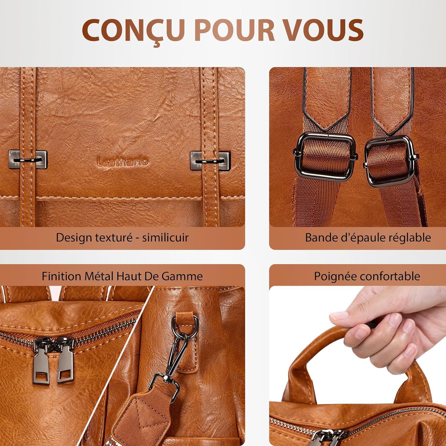 Thumbnail 6 de Leathario Sac à Dos Antivol Femme en Cuir Vegan — Polyvalent et discret, 3-en-1