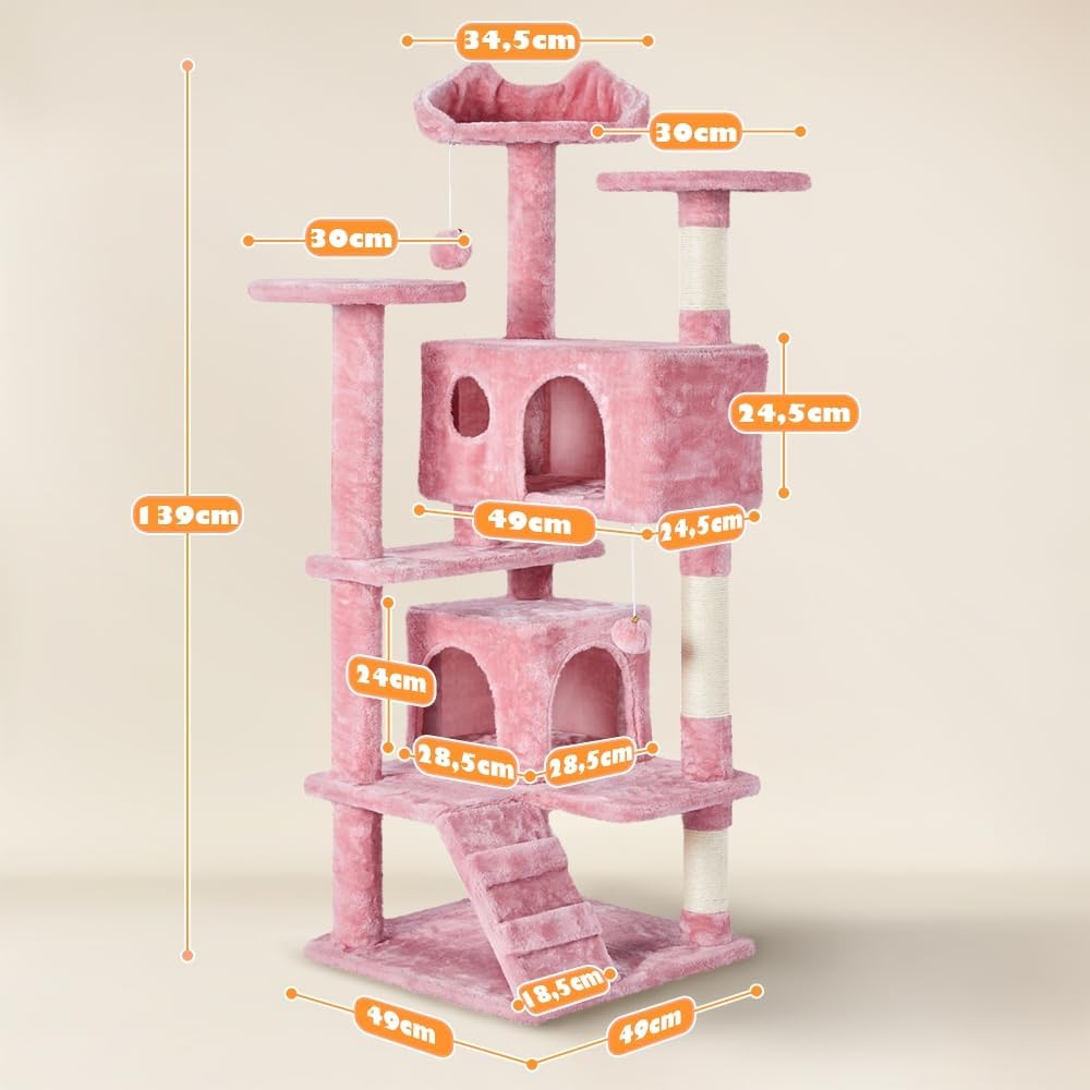 Detalle de Yaheetech Albero tiragraffi per gatti da 137 cm con 2 casette e 2 palline in peluche (sisal naturale) rosa
