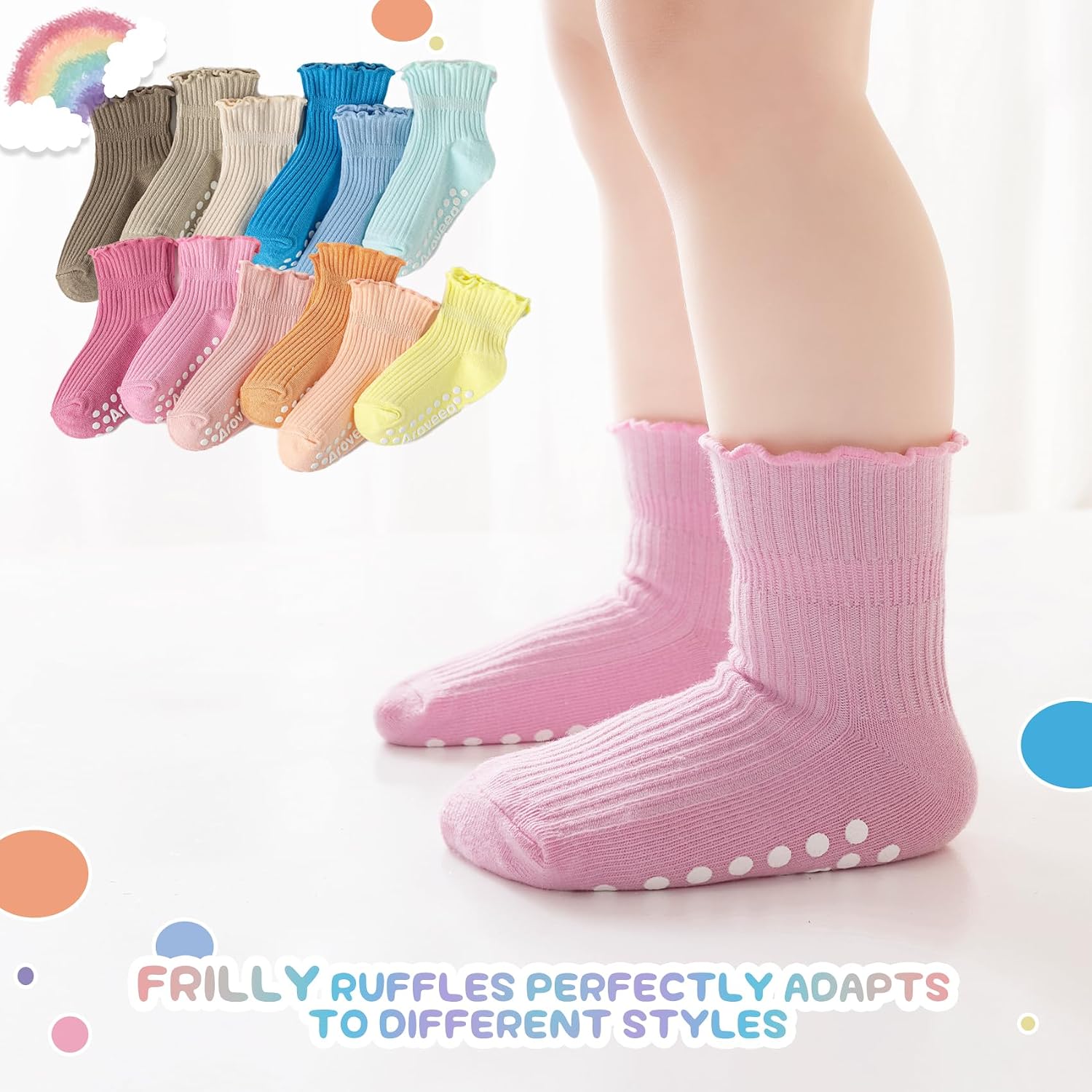 Thumbnail 4 de Aroveea Baby & Toddler Girls Cotton Grip Ruffle Ankle Socks (12-Pack)