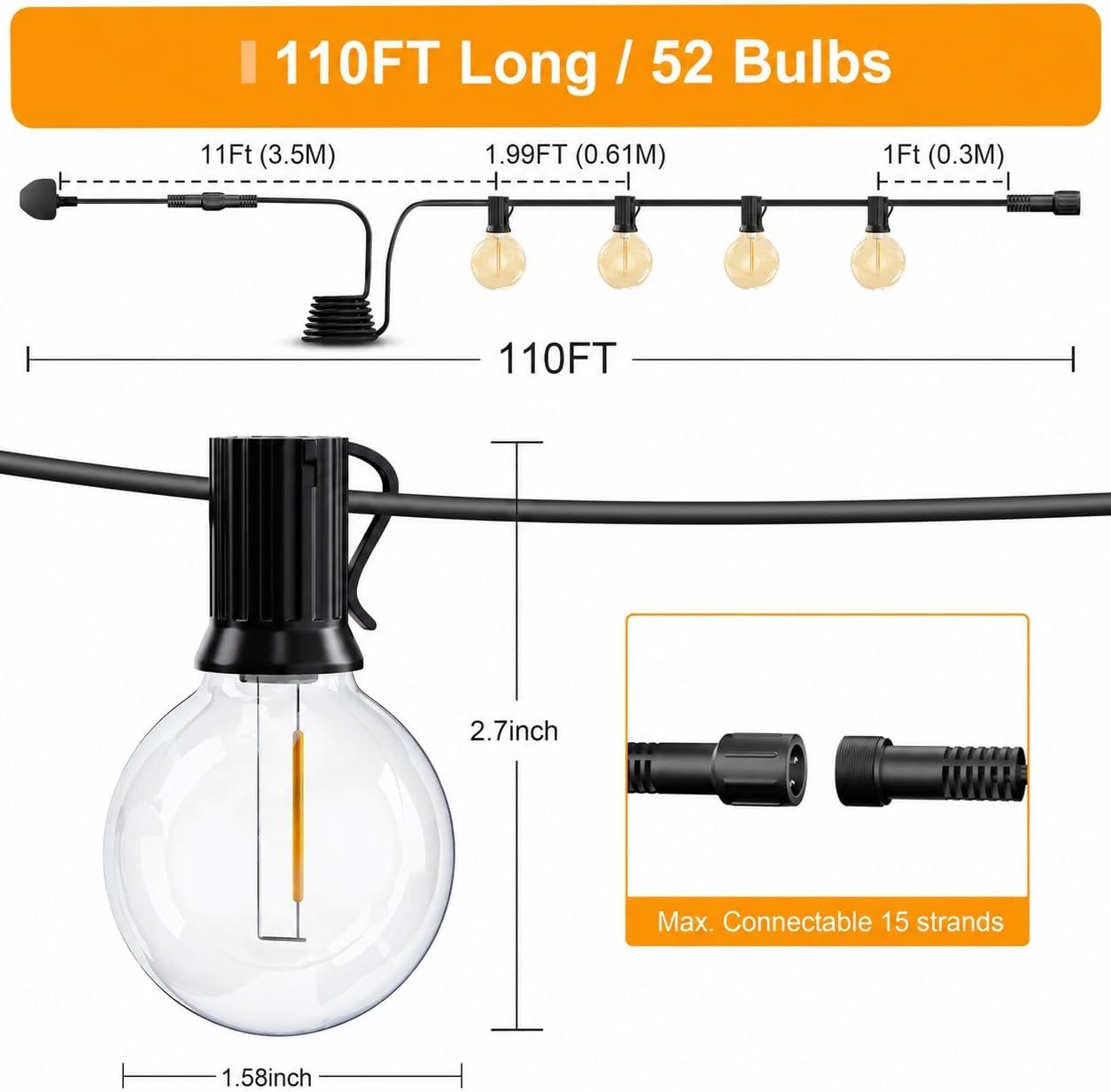Thumbnail 1 de Torkase 110FT Outdoor String Lights with 52 G40 LED Filament Bulbs – IP65, Mains Powered