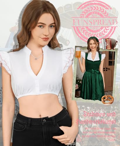 Detalle de Funspread Dirndl Bluse Damen Weiß – Kurzarm, V-Ausschnitt, Flächen Rosa 38