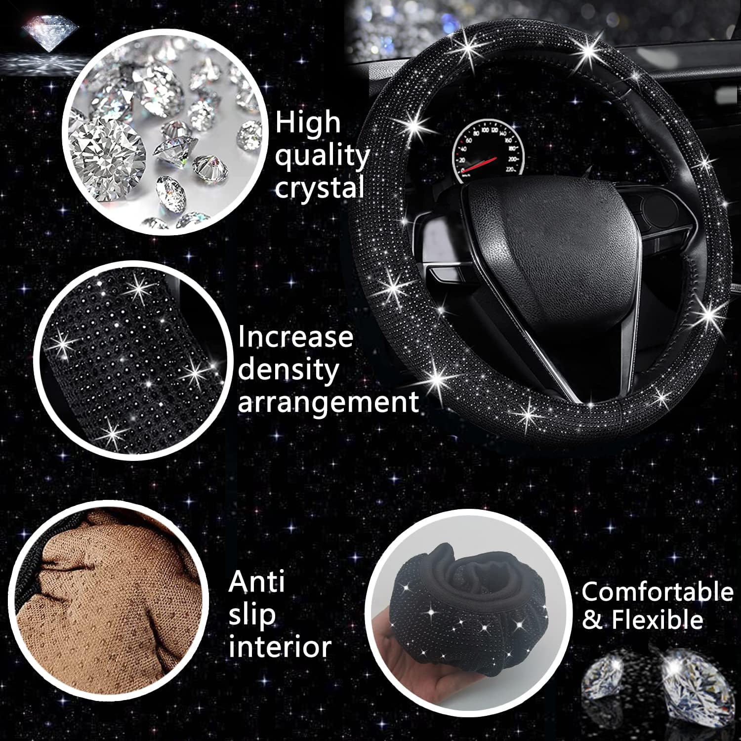 Detalle de NBTEPEM 27 PCs Black Bling Car Accessories Set for Women — Universal 15 Inch Steering Wheel Cover & More