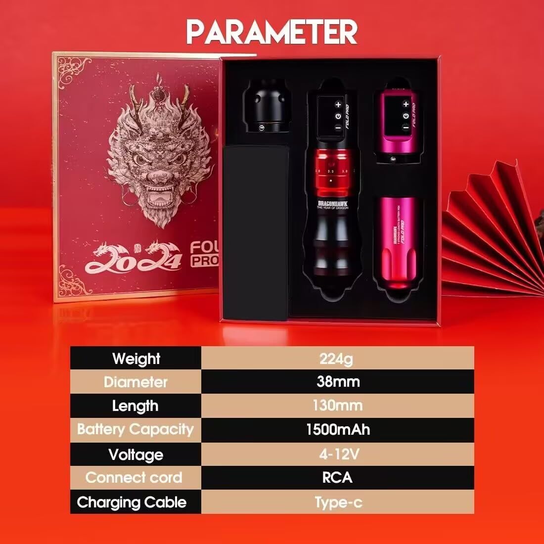 Detalle de Dragonhawk Fold Pro Kit sans fil avec 7 courses réglables (2,4 à 4,2 mm) et 2 batteries 1500 mAh – Rouge