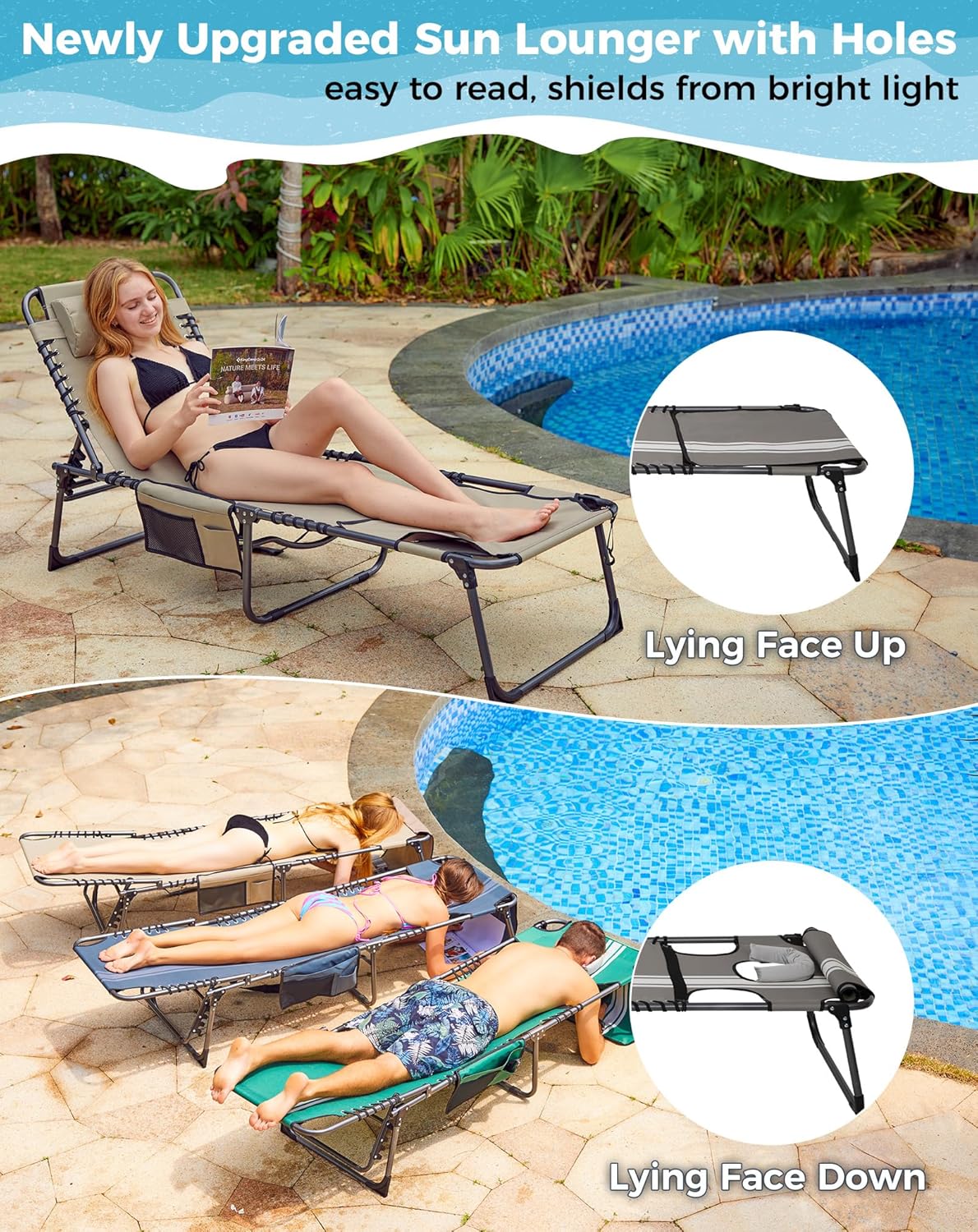 Detalle de KingCamp Sun Lounger with Face Hole (up to 180 kg) – 5-position folding tanning chair for garden and beach