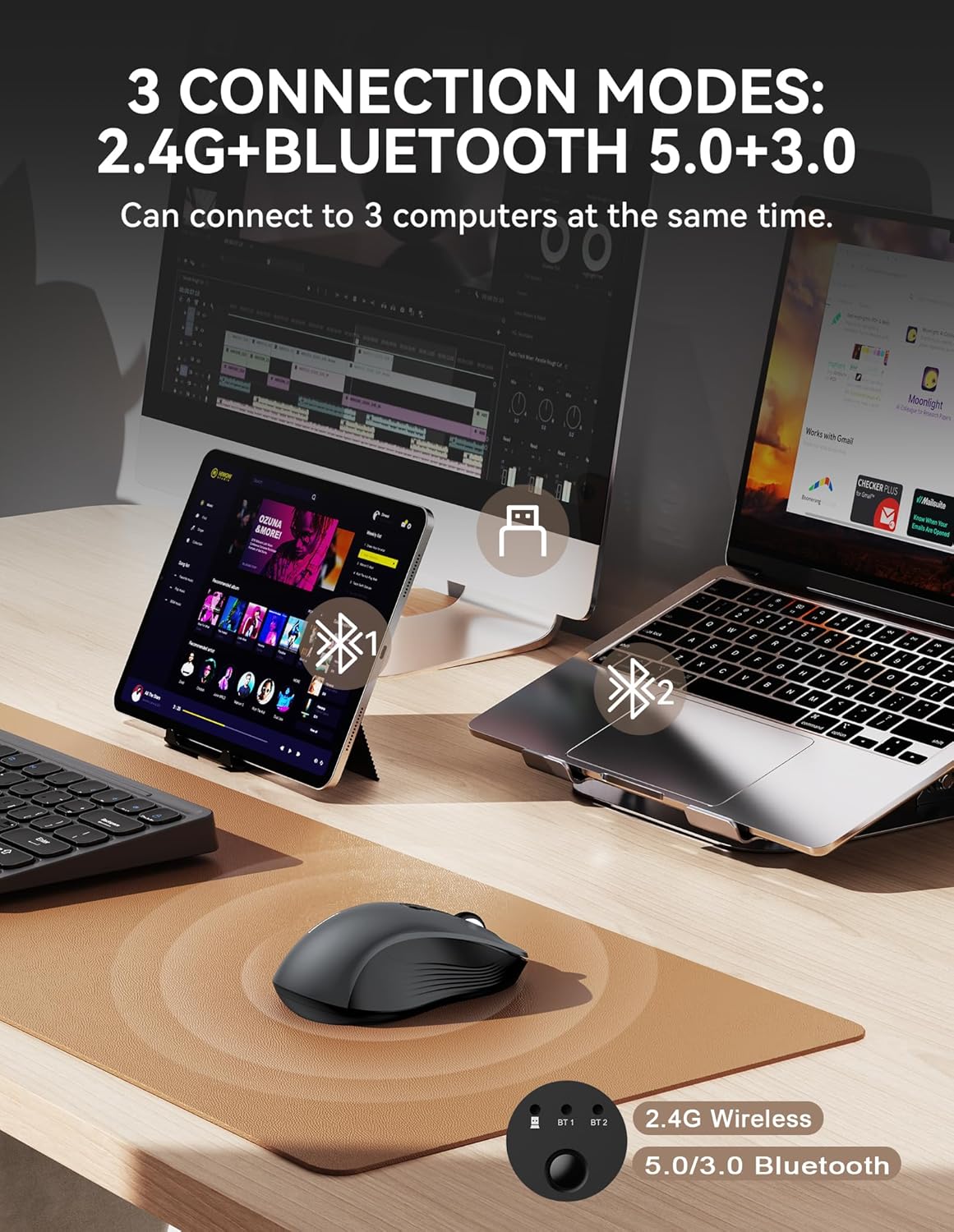 Thumbnail 1 de TECKNET Tri-Mode Wireless Mouse for Laptop (Bluetooth 5.0/3.0 + 2.4G, 4800DPI, silent clicks)