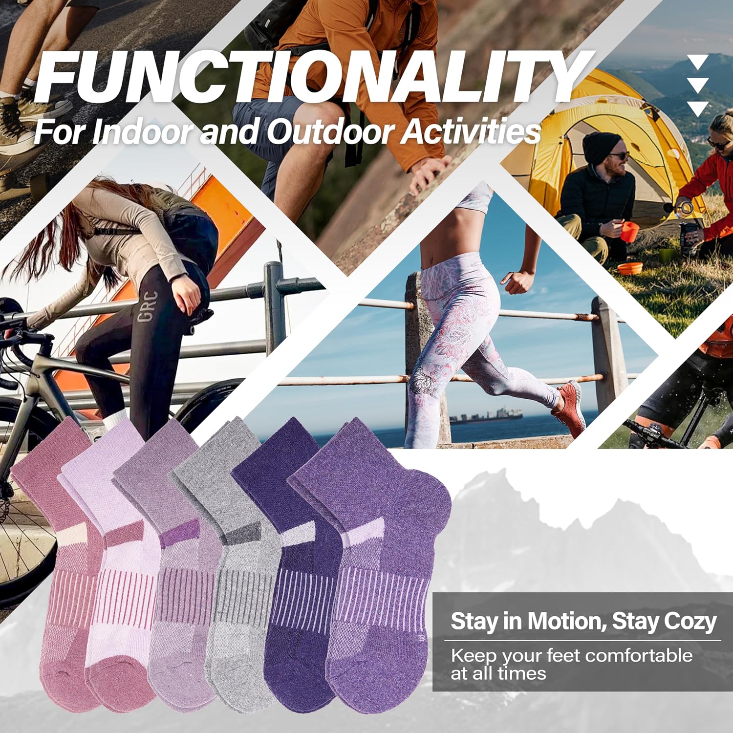 Detalle de MOSEY KOSY Merino Kurz Viertellänge Wandersocken – 6 Paar warme, atmungsaktive Wollsocken für Herren und Damen