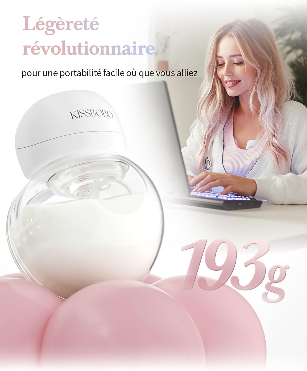 Detalle de KISSBOBO draadloze handsfree borstkolf met borstschilden van 21 en 24 mm