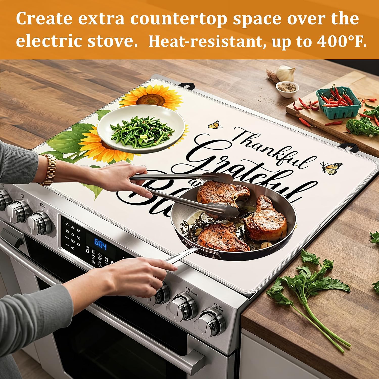 Detalle de YIKTI Sunflowers 28 x 20-Inch Glass-Top Stove Cover and Heat-Resistant Mat