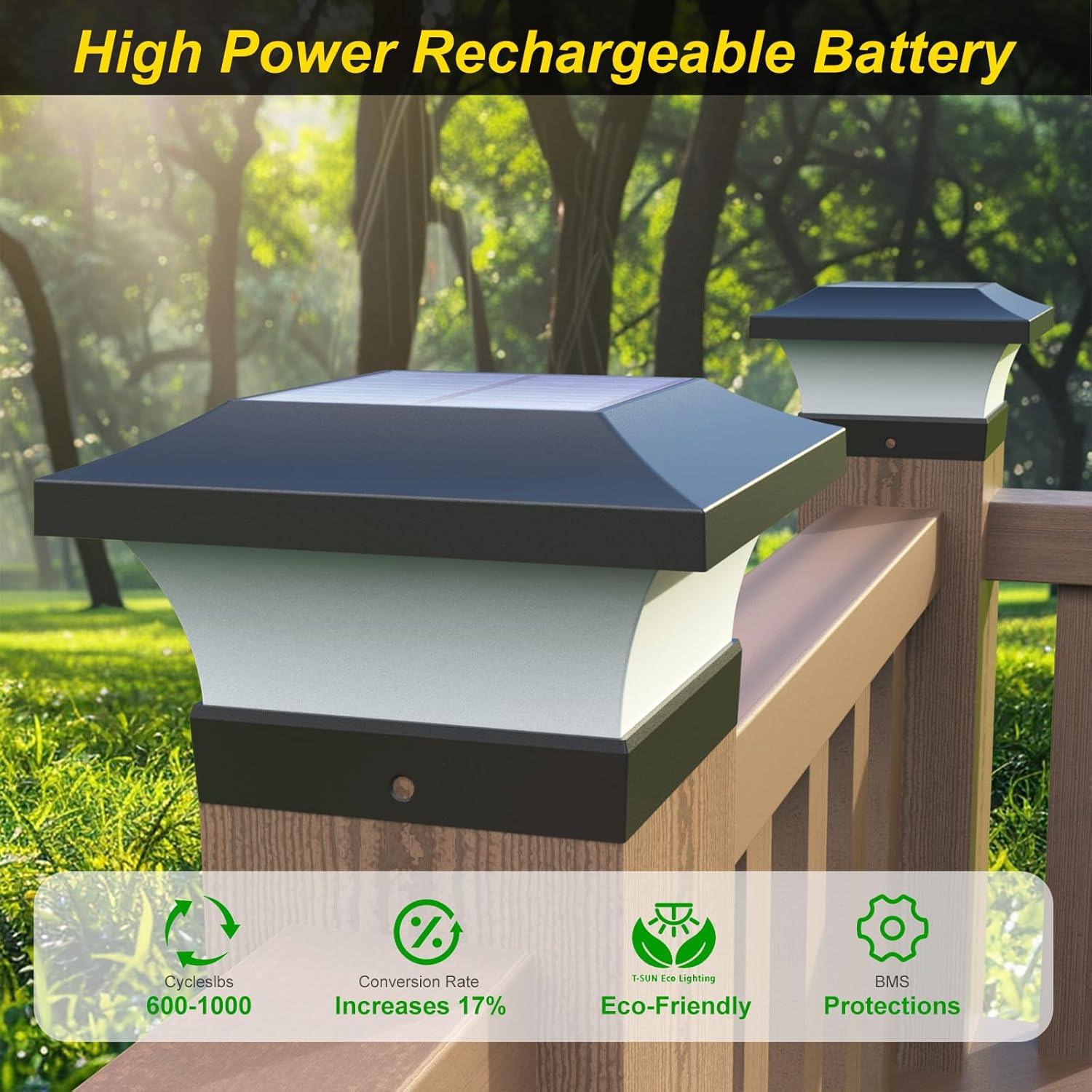 Detalle de ILIKEPOW Solar Pfostenleuchte 10x10, 2 Stück – 6000K Kaltes Weiß, IP65, kabellose Pfostenkappen für Zaun, Garten & Eingang
