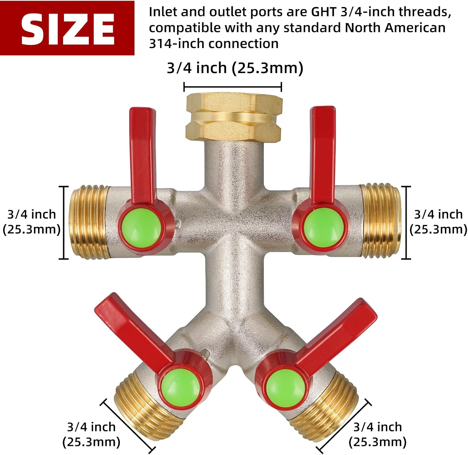 Detalle 2 de DINGBAI Garden Hose Splitter 4-Way, Brass, Full-Flow Valves, 3/4-inch GHT