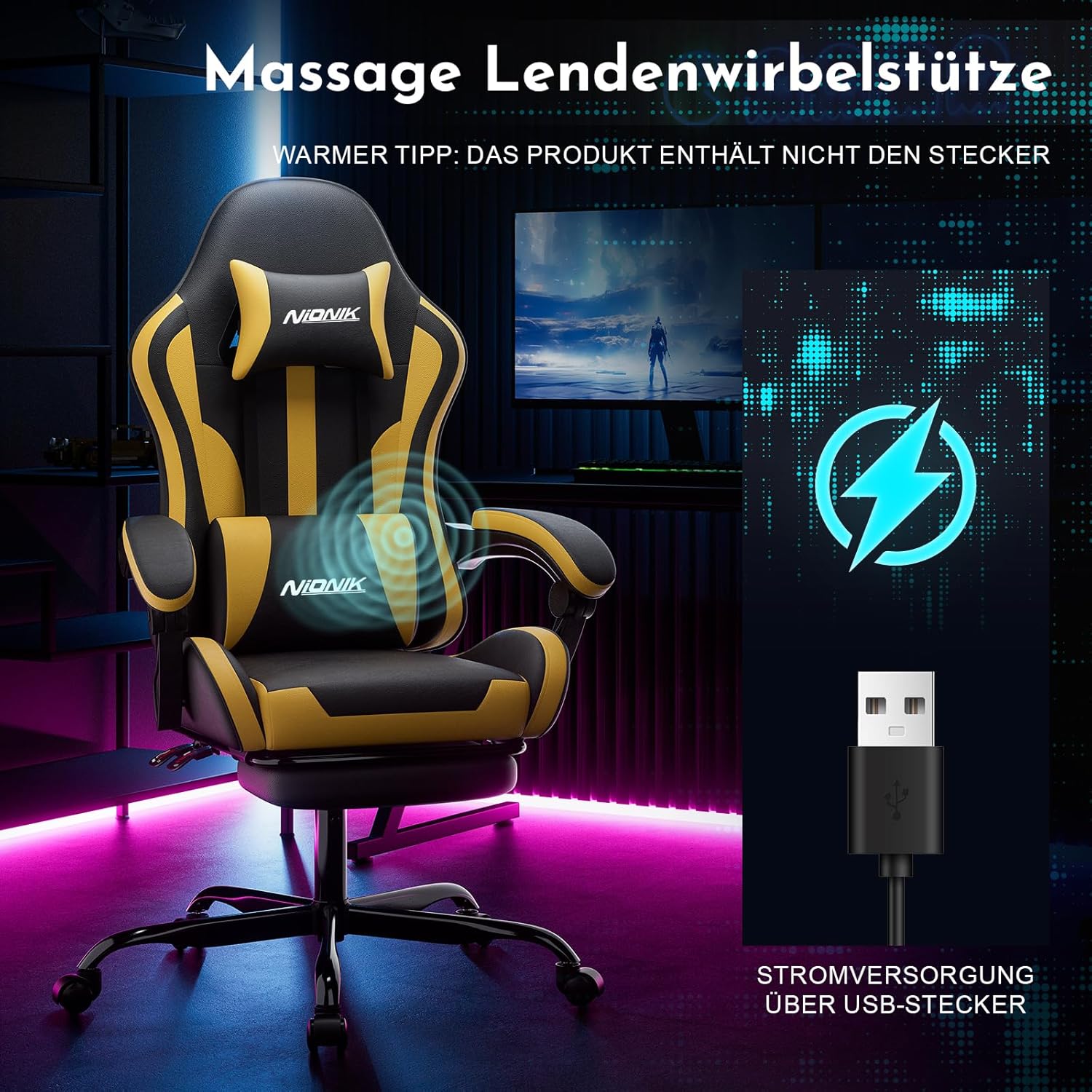 Thumbnail 2 de NIONIK Ergonomischer Gaming-Stuhl mit Fußstütze – Verstellbarer Computerstuhl mit Kopfstütze, Lendenwirbelstütze & Höheneinstellung (Orange BY)