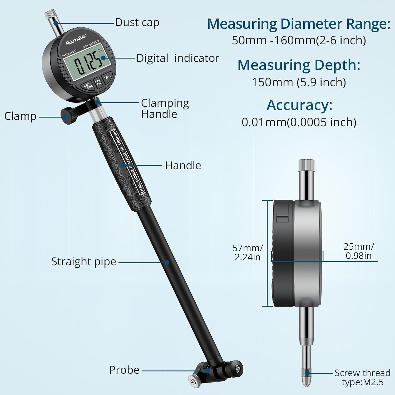 Detalle de ALLmeter ALL024 digitale binnenmeter 50–160 mm, 0,01 mm en 12 meetsondes