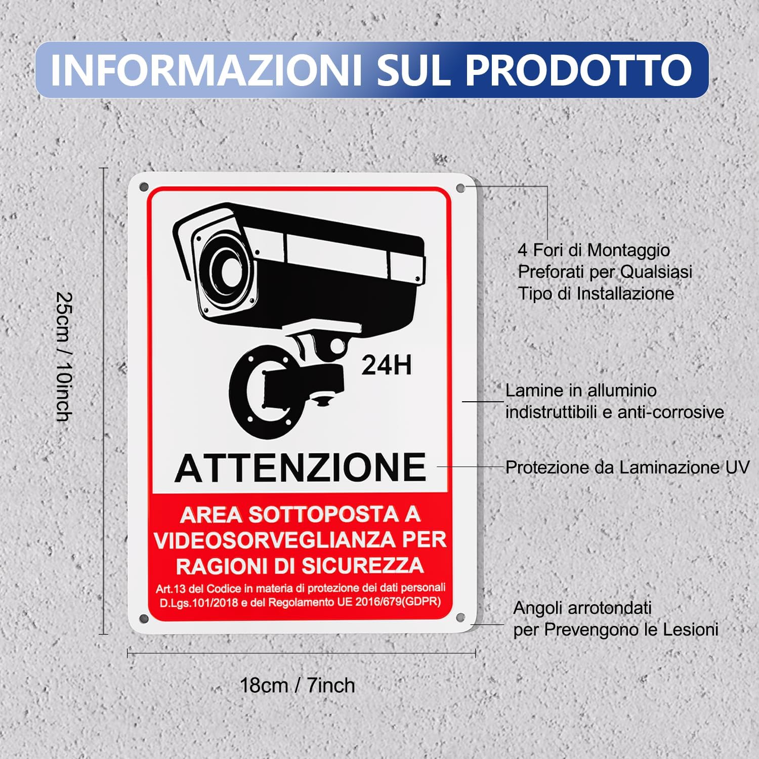 Thumbnail 1 de REIGY cartello area videosorvegliata in alluminio da esterno 18x25 cm, set da 2