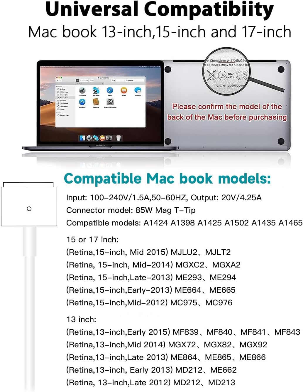 Thumbnail 6 de 85W Laptop Ladegerät mit T-Tip magnetischem Adapter – kompatibel mit MacBook Air/Pro 13/15/17 (Mitte 2012–2017) und Modellen A1398/A1425/A1465/A1466