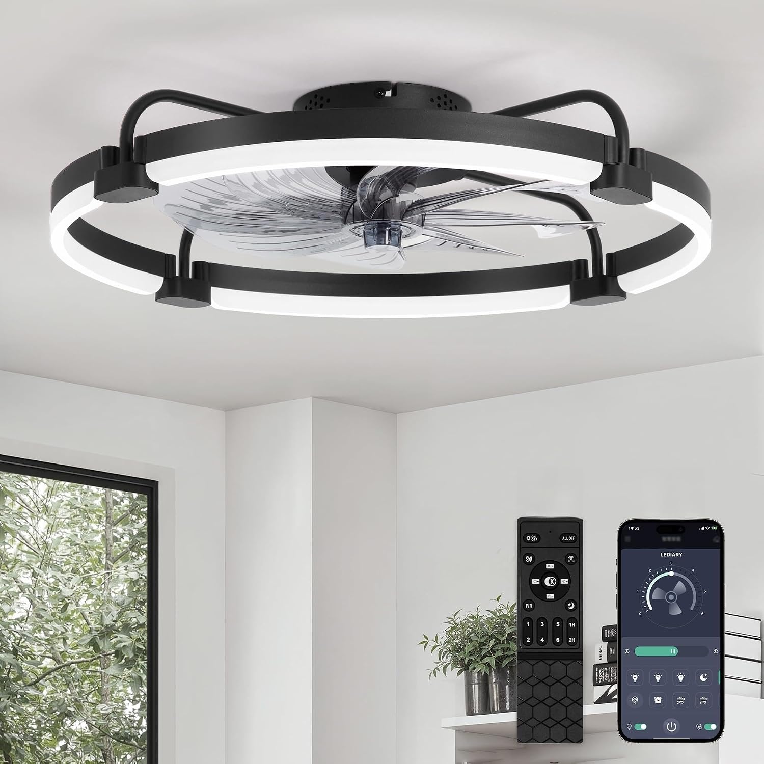 Detalle de LEDIARY LM24 24-Inch Low-Profile Ceiling Fan with Light, Black, 6 Speeds