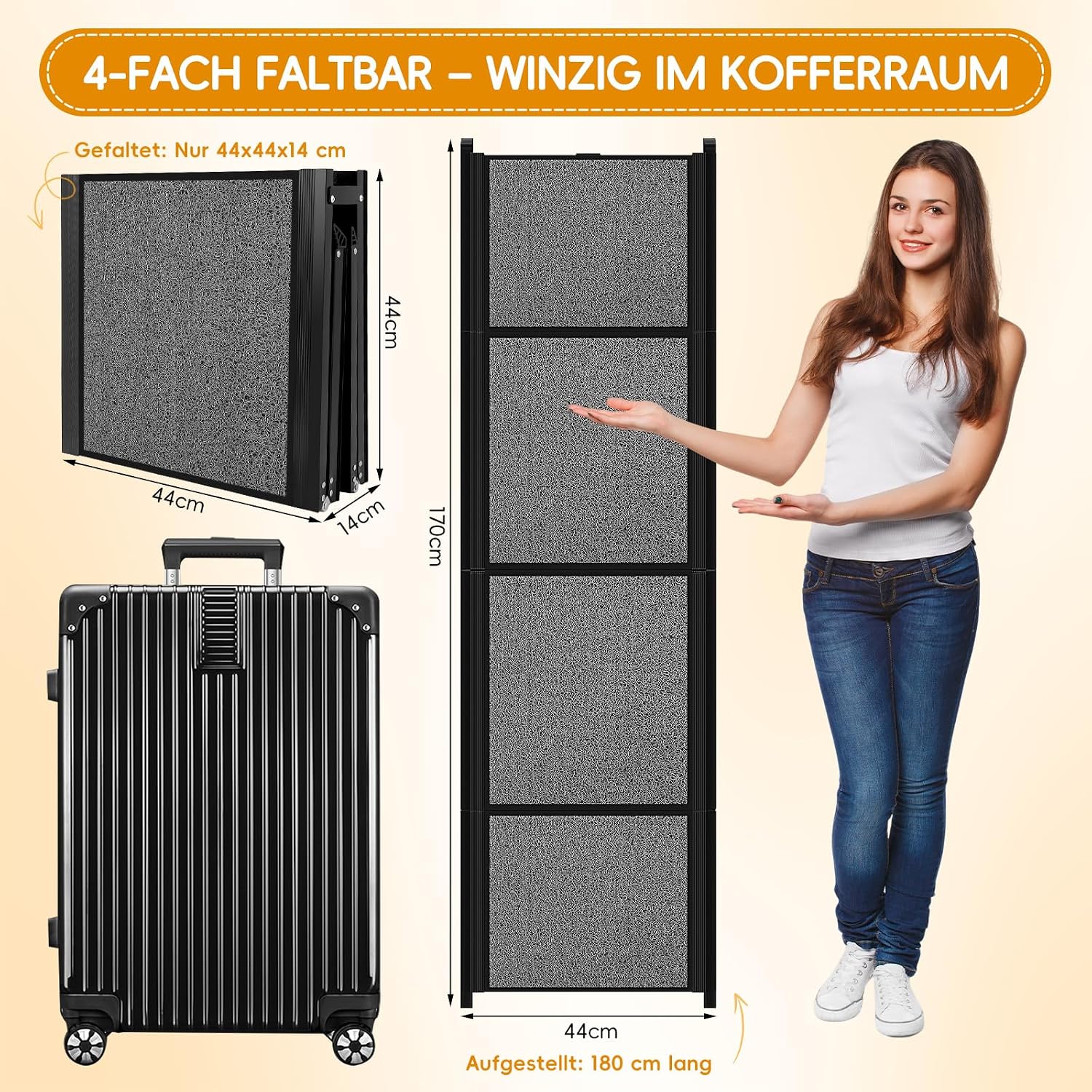 Detalle de Hunderampe Auto Klappbar aus Aluminium, bis 100 kg belastbar – 170 x 44 cm, rutschfeste Teppichoberfläche
