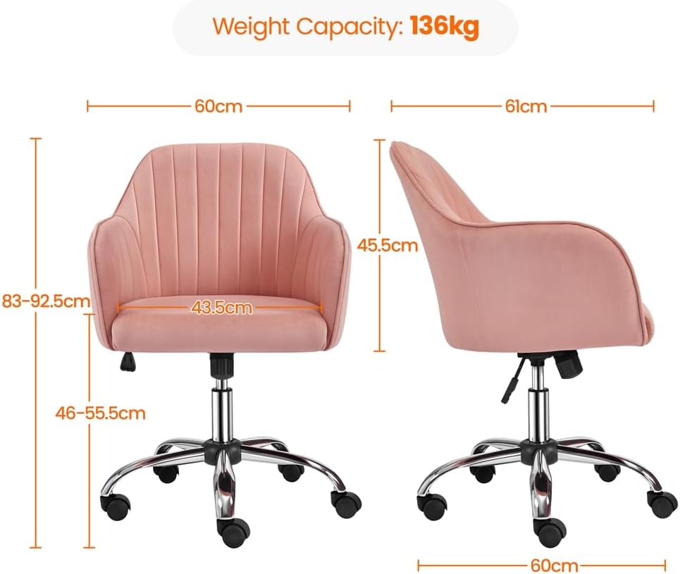 Detalle de Yaheetech Sedia da scrivania ergonomica in velluto rosa girevole, reclinabile e regolabile in altezza (portata 136 kg)