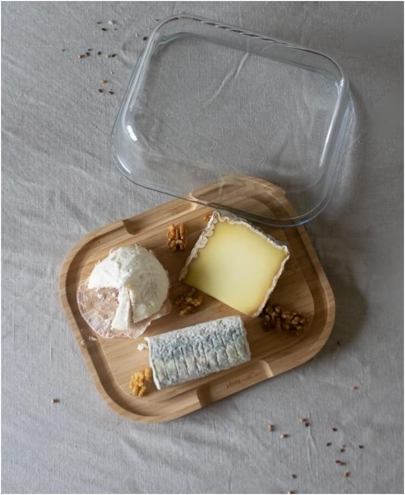 Detalle de Pebbly Käsebox mit Glasglocke und Bambustablett – 27 x 21,5 x 9,5 cm, für 3–4 Käsesorten