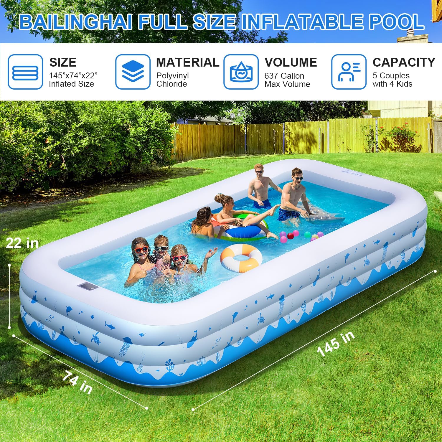 Detalle de Large Inflatable Pool with Lights (145" x 74" x 22") — Solar-Powered, UV-Resistant, 744-Gallon Family Pool