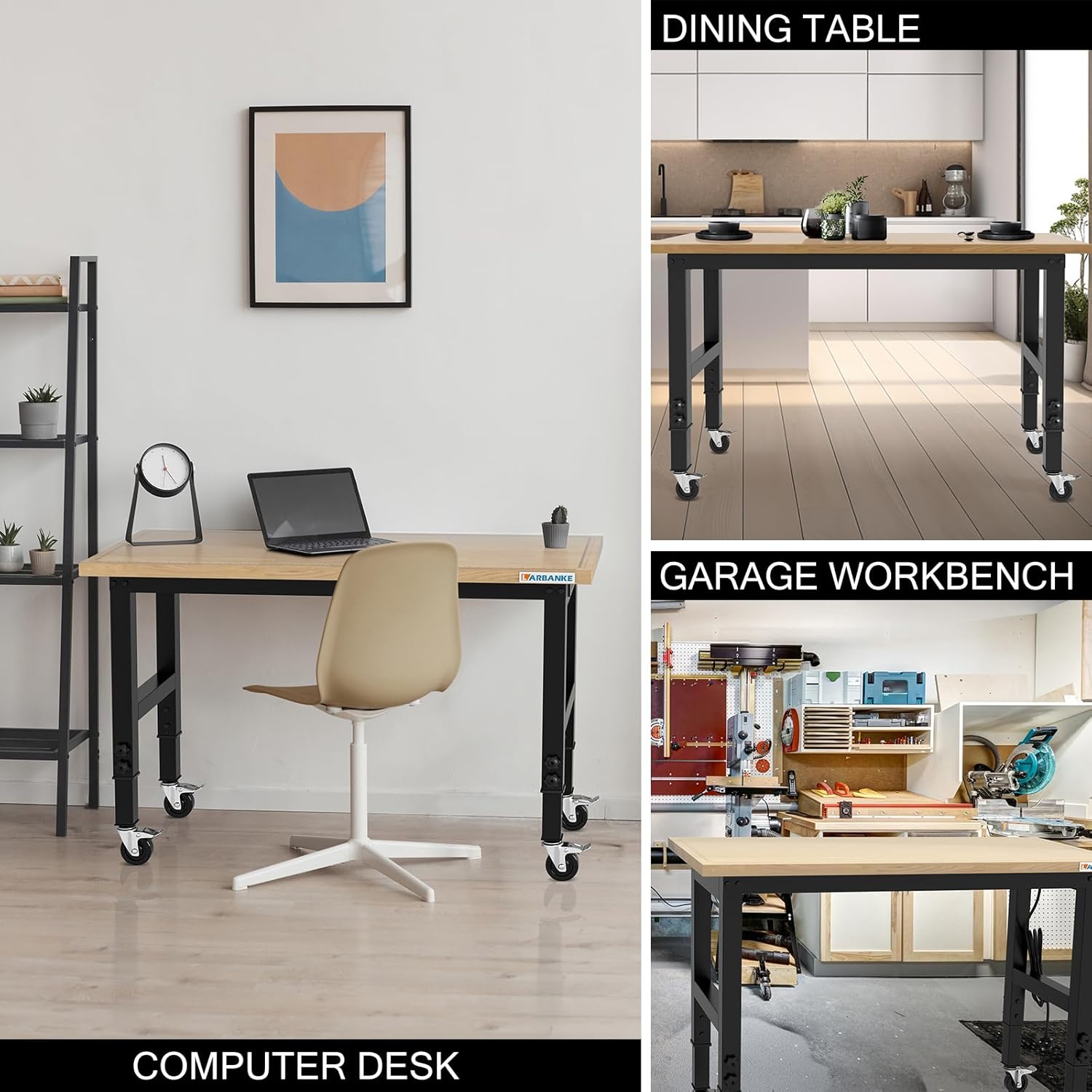 Detalle de LARBANKE 120 cm heavy-duty workbench with adjustable height, rubber wood top and power strip