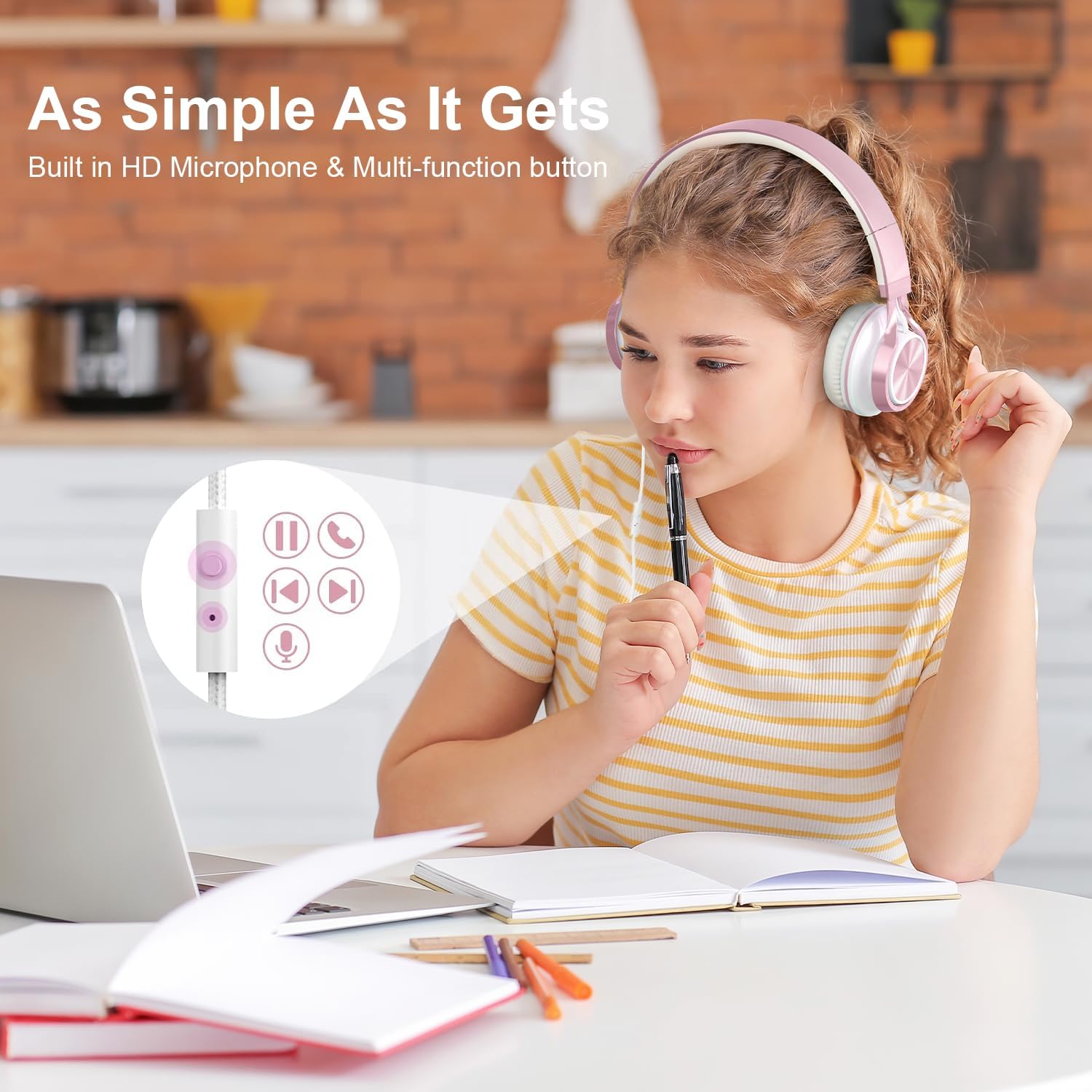 Detalle 2 de AILIHEN Wired Headphones with Mic for Kids and Teens (Rose Gold)