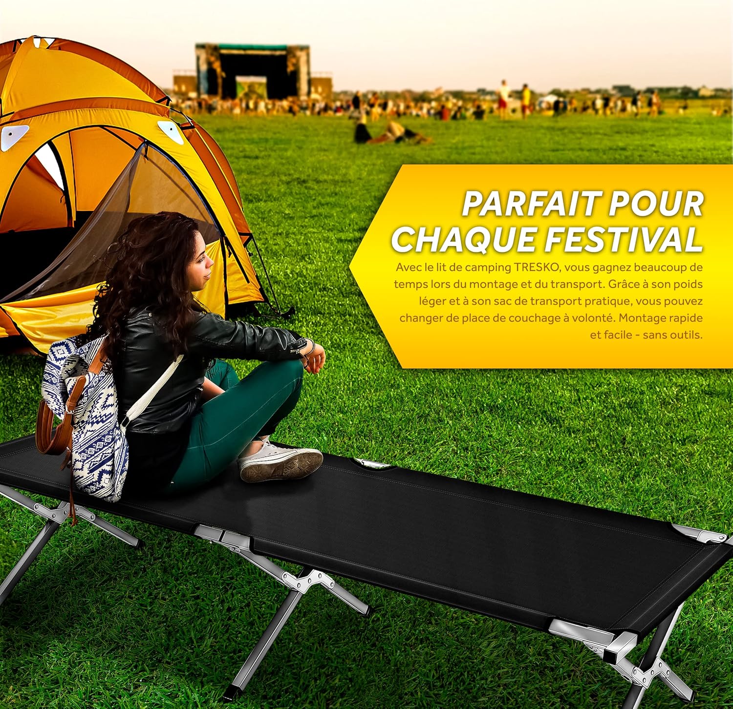 Thumbnail 6 de TRESKO XXL lit de camp pliant 190 x 64 x 44 cm en métal, Oxford (150 kg max) noir