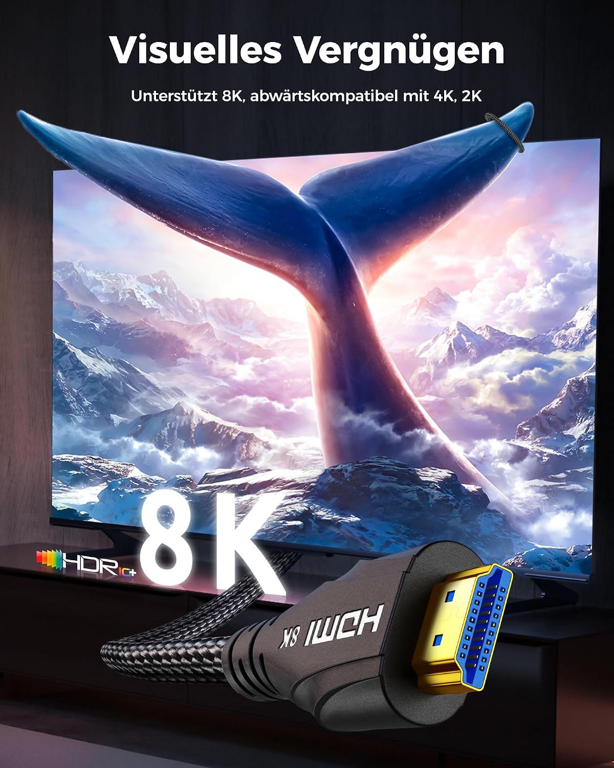 Detalle 2 de Cratree HDMI Kabel 10 m (8K 60 Hz, 4K 120 Hz, 48 Gbps) – High-Speed, geflochten, eARC/HDCP 2.2/2.3 kompatibel