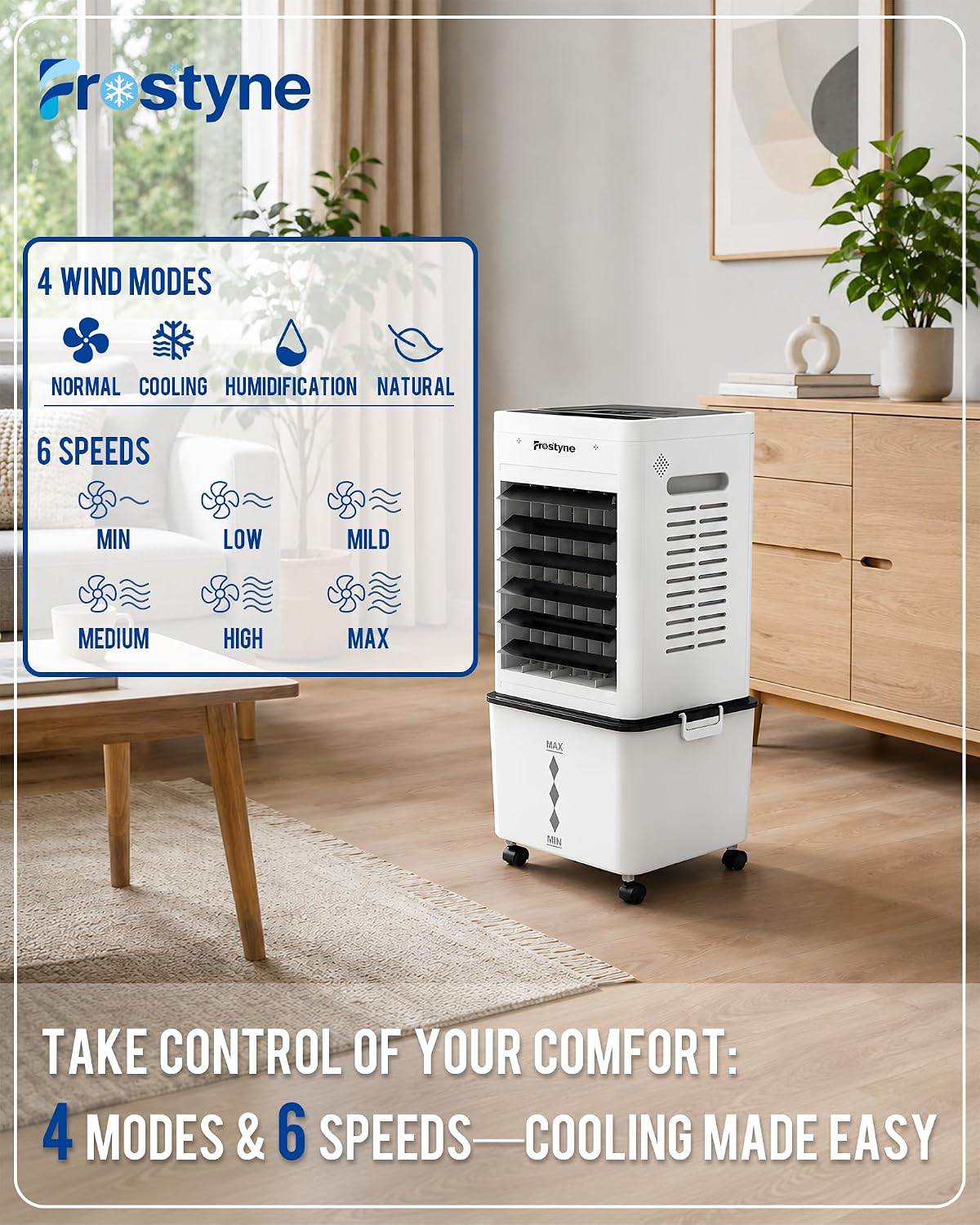 Thumbnail 1 de Frostyne Portable Evaporative Air Cooler with Humidifier (3Gal Tank, 10 Ice Packs, 6 Speeds, 4 Modes) – Black
